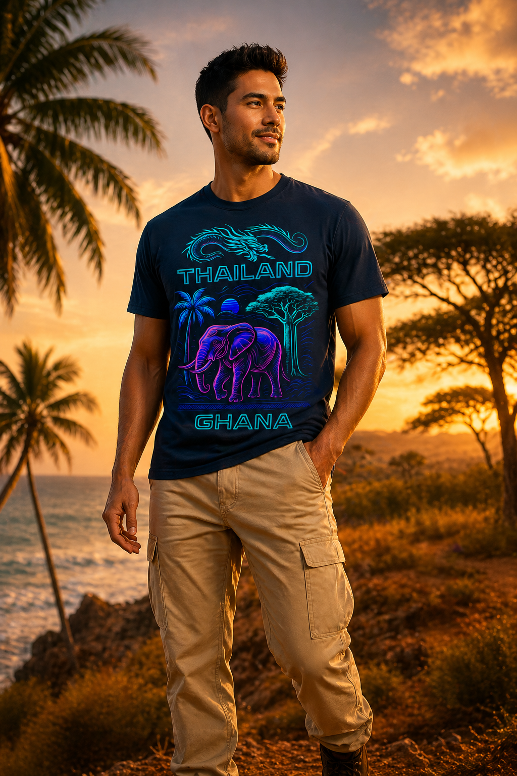 Synthwave Fusion Elefant Drache T-Shirt – Thailand Ghana Retro Grafik Neon 6 Farben S-5XL