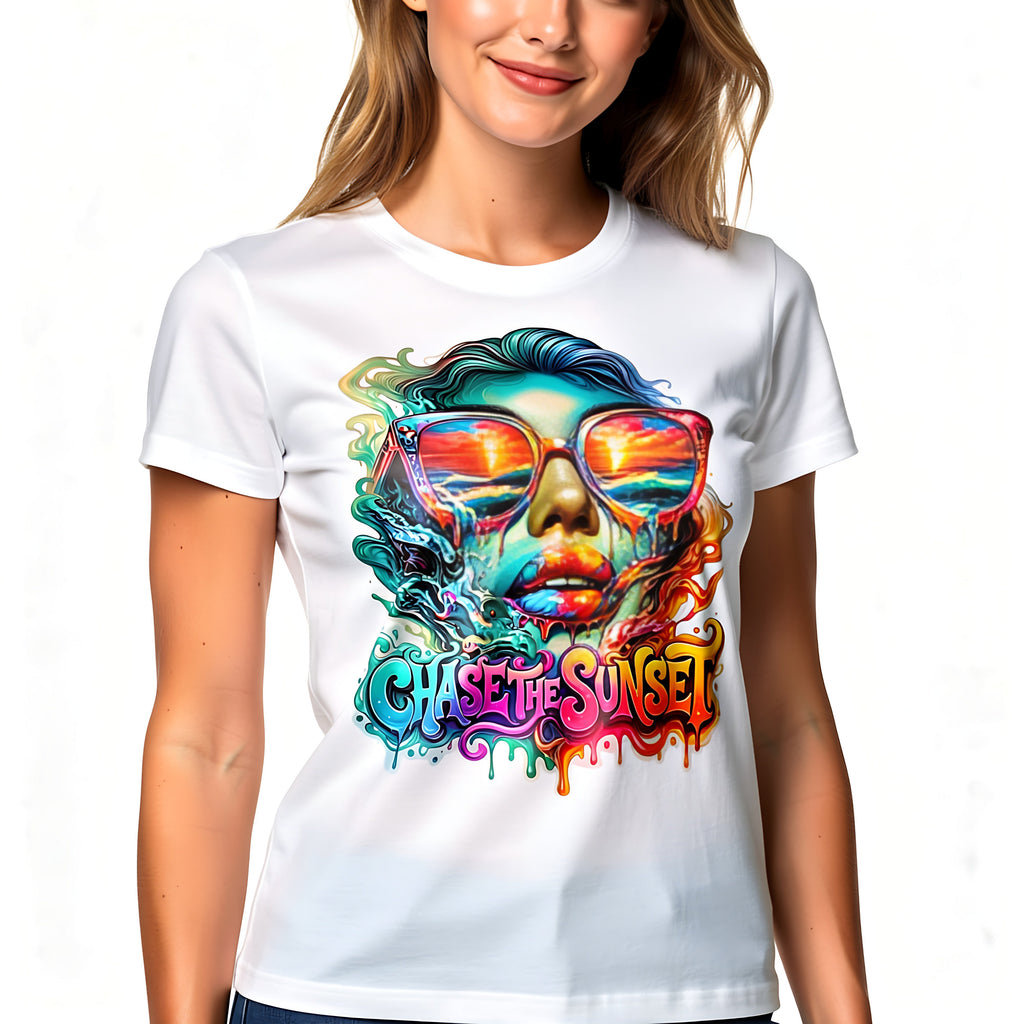 Chase The Sunset Psychedelic Women's T-Shirt | Vibrant Melting Ocean Sunset Graphic Tee | 10 Colors XS-3XL - Ladies Premium Shirt
