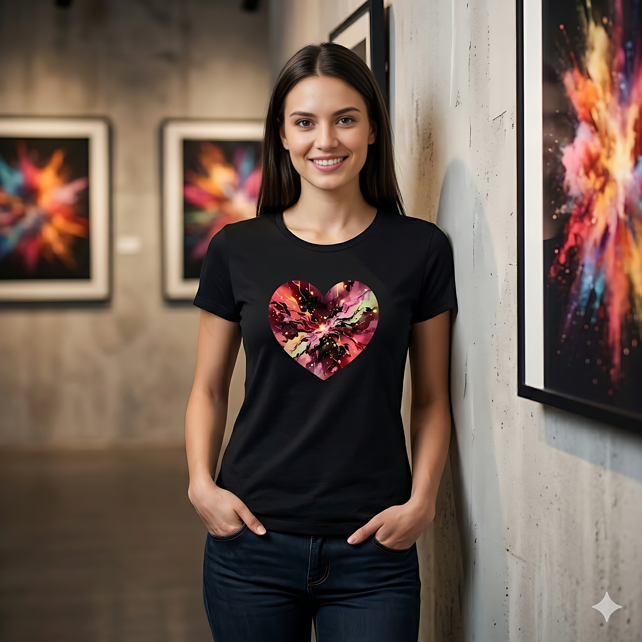 Damen T-Shirt „Cosmic Love Heart“ – Galaxie-Nebel-Druck Herzdesign | Hochwertiger Jersey aus 100 % Baumwolle, 15 Farben, XS–3XL – Premium-Shirt für Damen