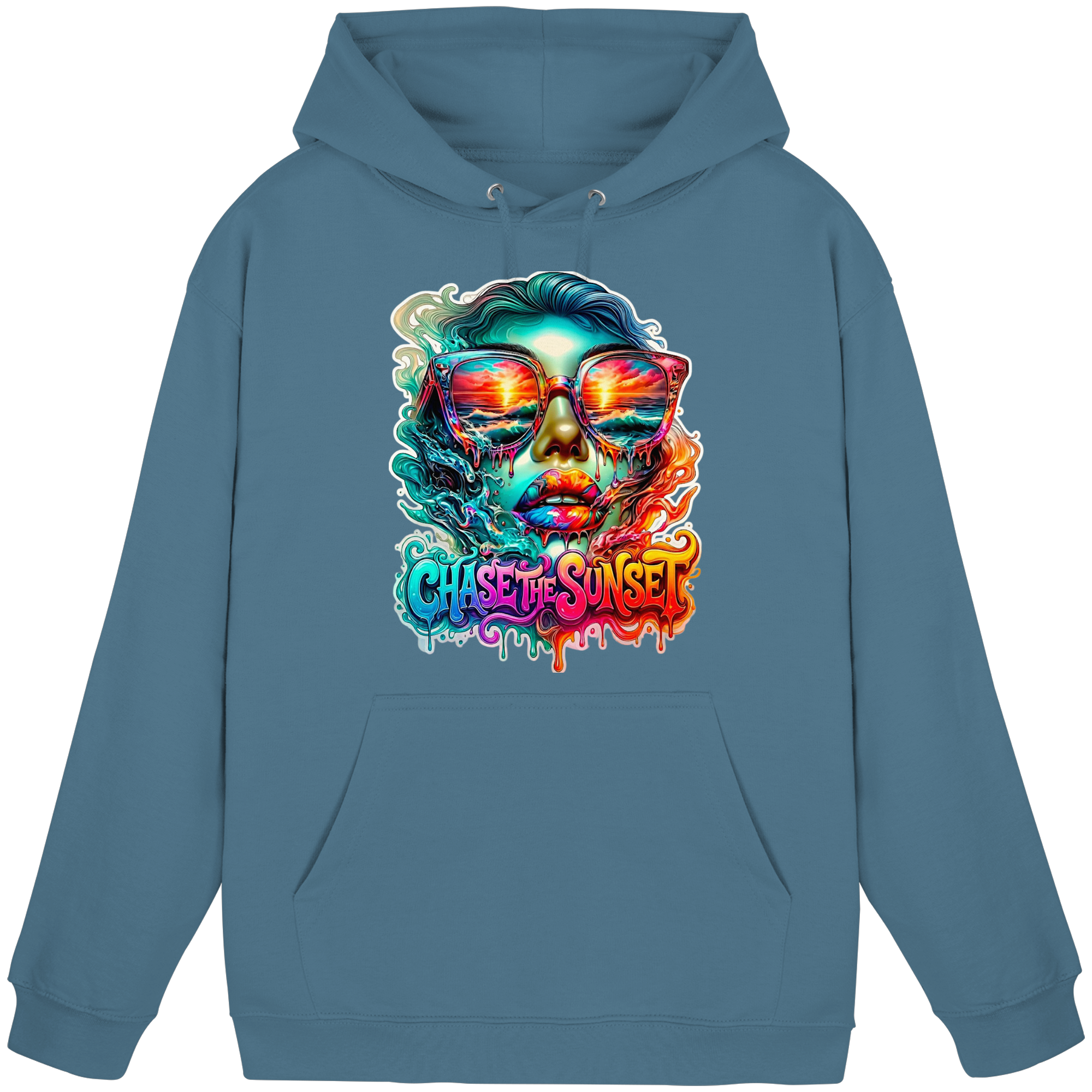 Sweat à capuche Femme "Chase the Sunset Psychedelic" | Sweat à capuche graphique Coucher de soleil fondant vibrant | 10 couleurs du S au 3XL - Sweat à capuche unisexe basique