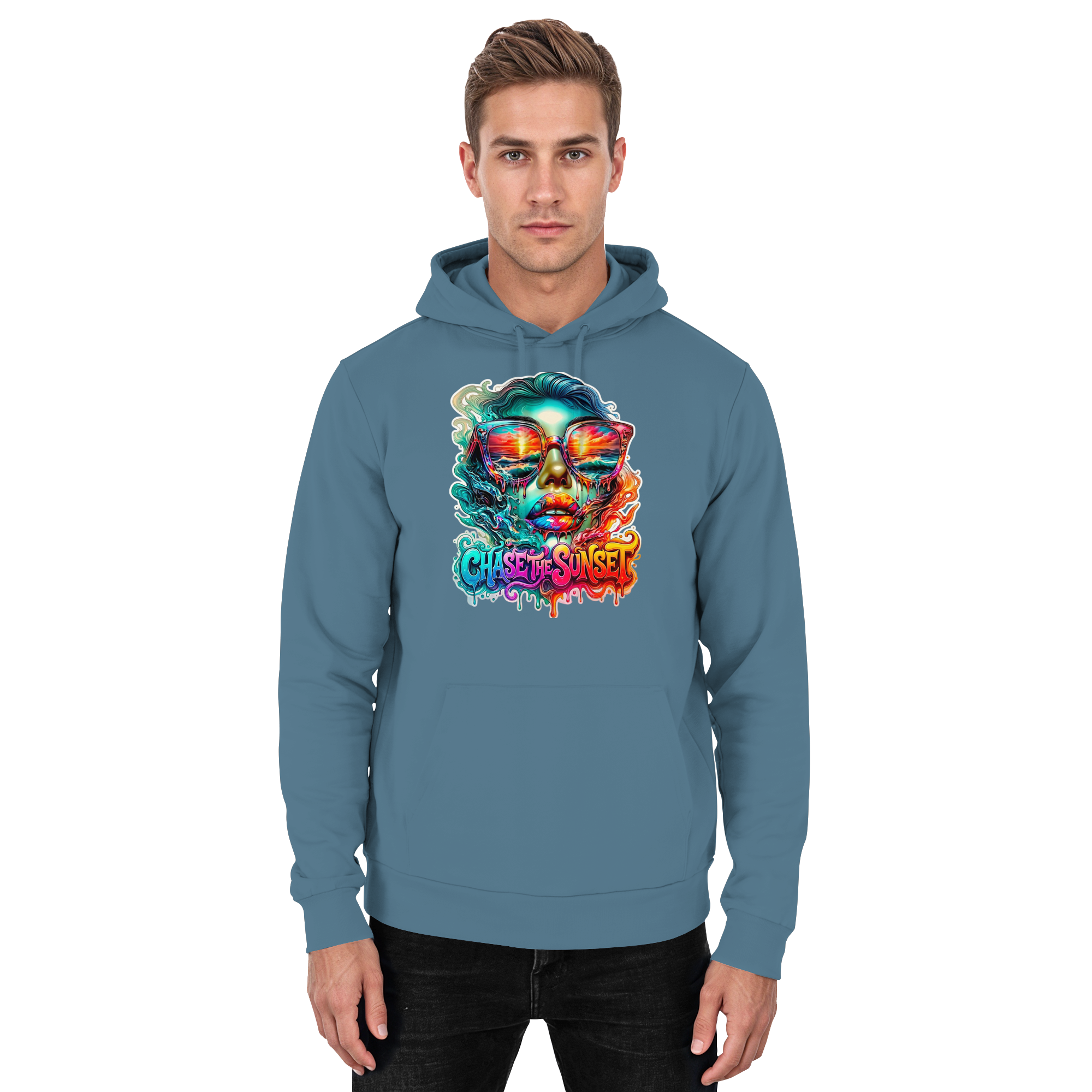 Sweat à capuche Femme "Chase the Sunset Psychedelic" | Sweat à capuche graphique Coucher de soleil fondant vibrant | 10 couleurs du S au 3XL - Sweat à capuche unisexe basique