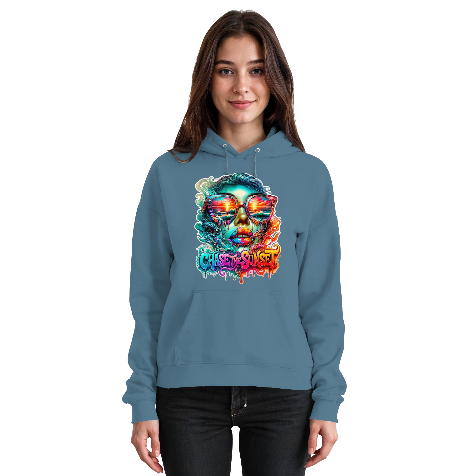Sweat à capuche Femme "Chase the Sunset Psychedelic" | Sweat à capuche graphique Coucher de soleil fondant vibrant | 10 couleurs du S au 3XL - Sweat à capuche unisexe basique