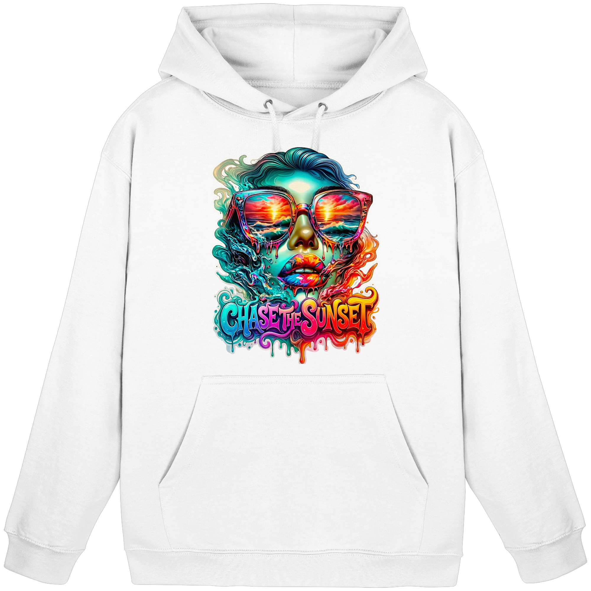 Sweat à capuche Femme "Chase the Sunset Psychedelic" | Sweat à capuche graphique Coucher de soleil fondant vibrant | 10 couleurs du S au 3XL - Sweat à capuche unisexe basique