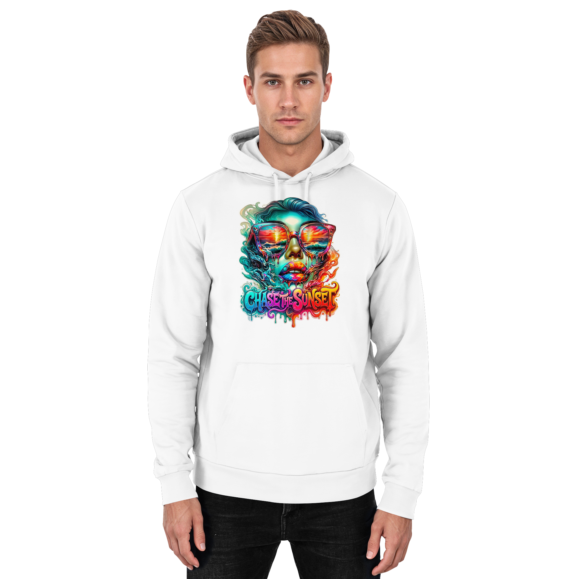 Sweat à capuche Femme "Chase the Sunset Psychedelic" | Sweat à capuche graphique Coucher de soleil fondant vibrant | 10 couleurs du S au 3XL - Sweat à capuche unisexe basique