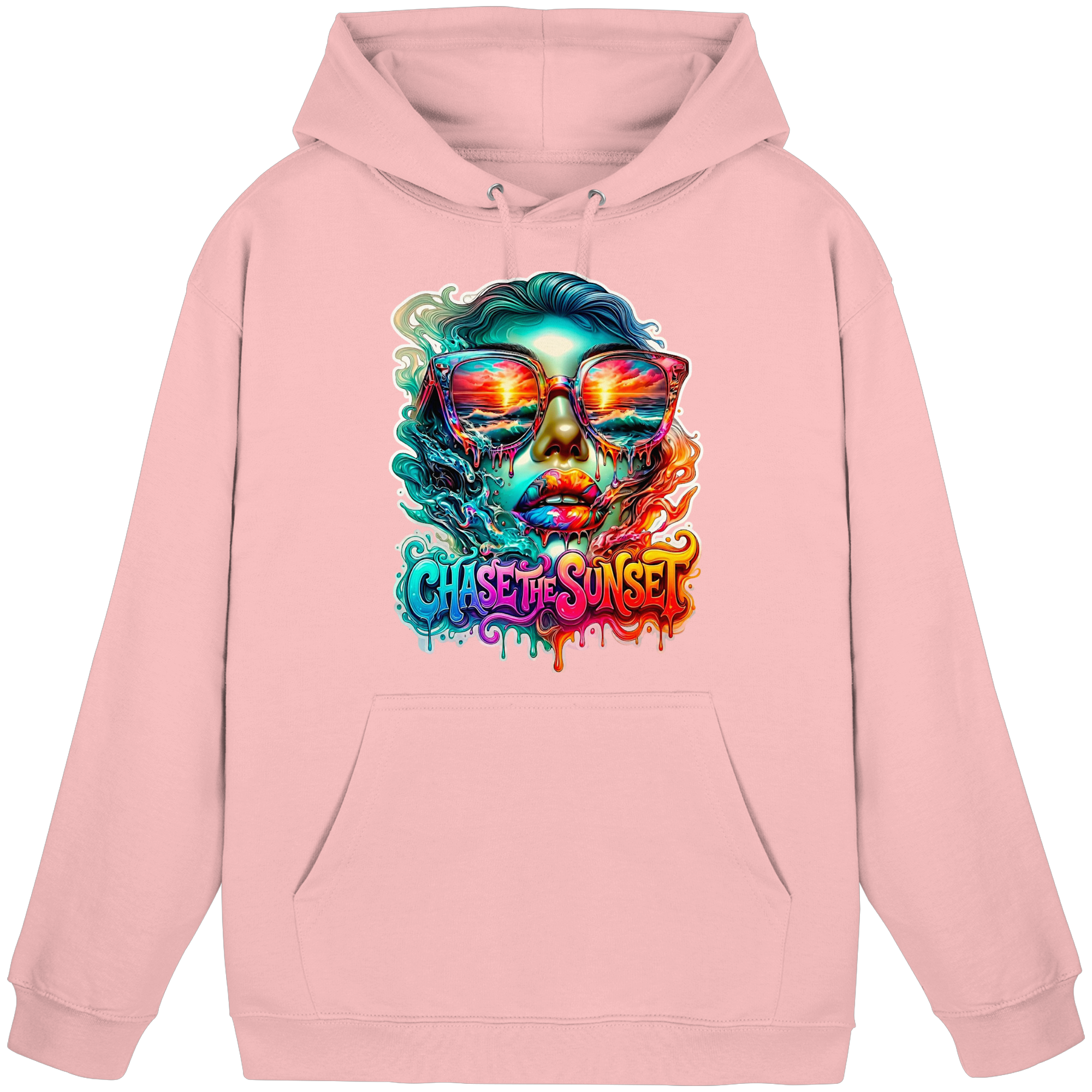 Sweat à capuche Femme "Chase the Sunset Psychedelic" | Sweat à capuche graphique Coucher de soleil fondant vibrant | 10 couleurs du S au 3XL - Sweat à capuche unisexe basique