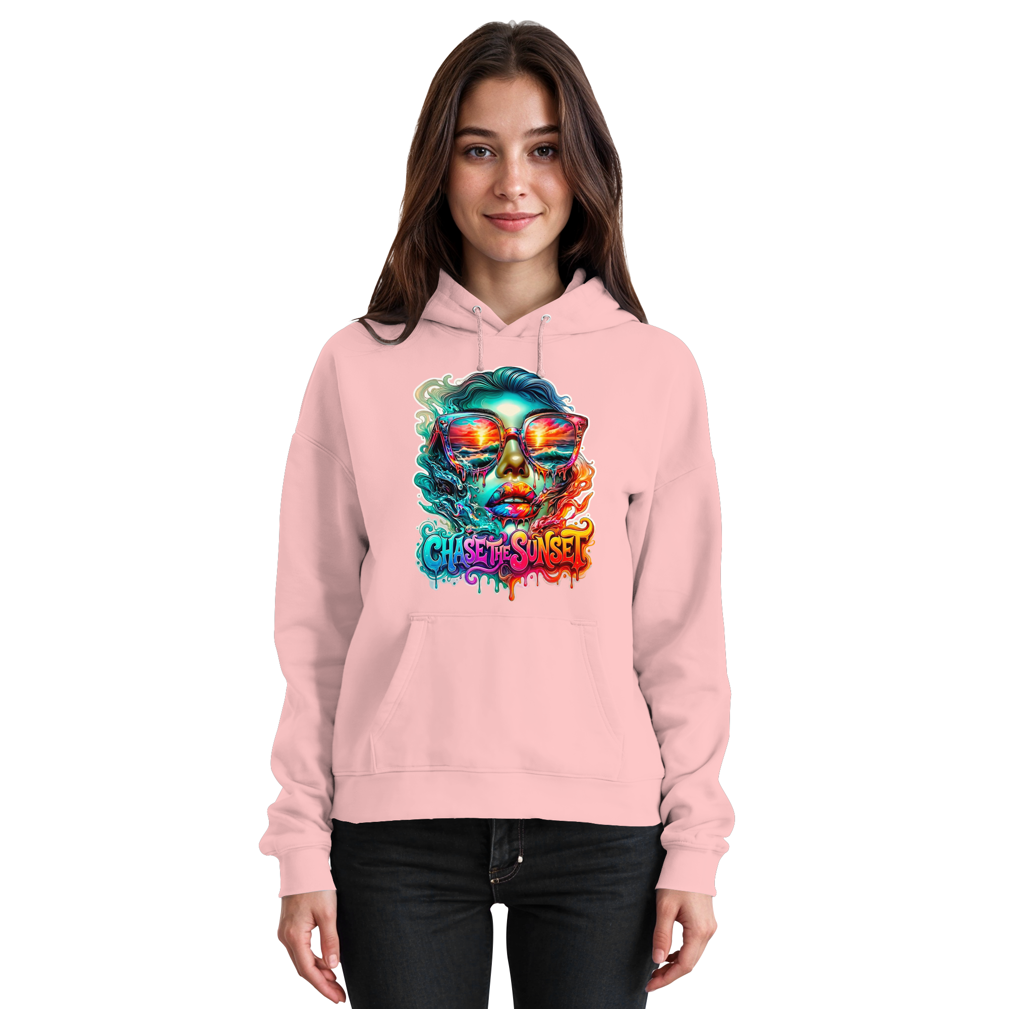 Frauen-Hoodie „Chase the Sunset“ | Lebhafter Melting Ocean Sunset Grafik-Hoodie | 10 Farben S-3XL – Basic Unisex Hoodie