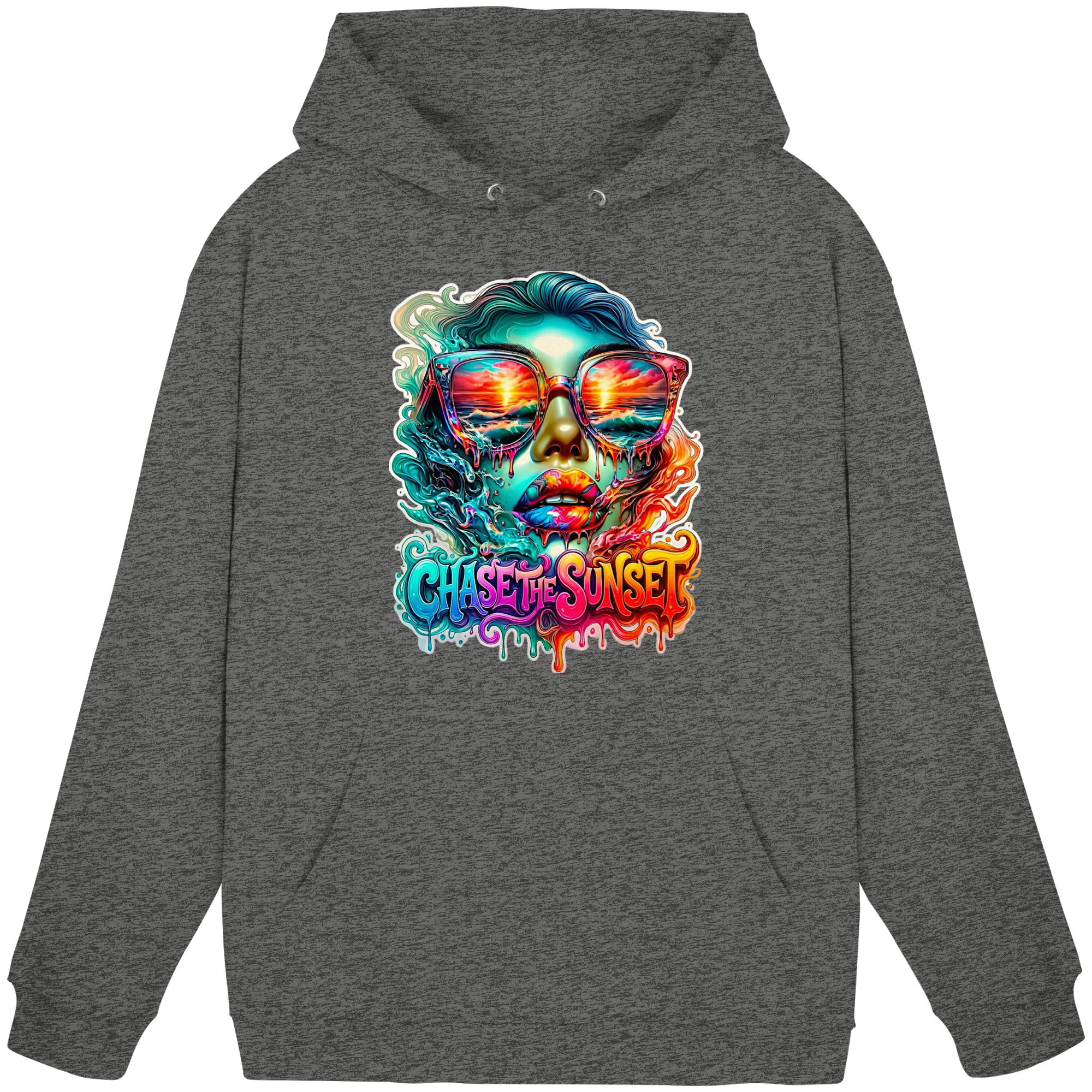 Sweat à capuche Femme "Chase the Sunset Psychedelic" | Sweat à capuche graphique Coucher de soleil fondant vibrant | 10 couleurs du S au 3XL - Sweat à capuche unisexe basique
