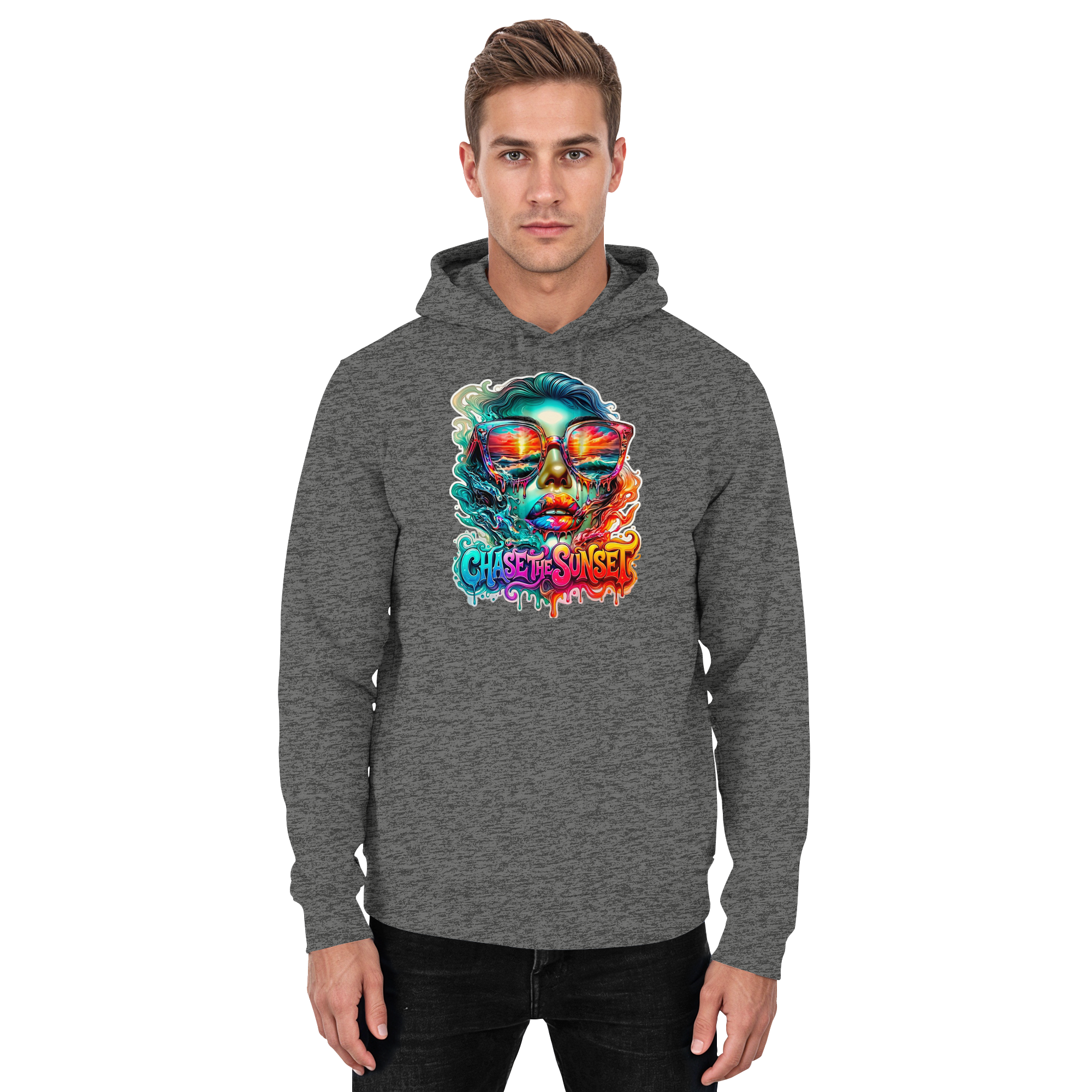 Frauen-Hoodie „Chase the Sunset“ | Lebhafter Melting Ocean Sunset Grafik-Hoodie | 10 Farben S-3XL – Basic Unisex Hoodie