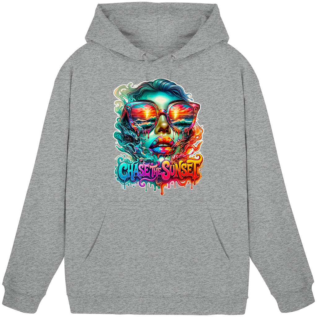 Frauen-Hoodie „Chase the Sunset“ | Lebhafter Melting Ocean Sunset Grafik-Hoodie | 10 Farben S-3XL – Basic Unisex Hoodie
