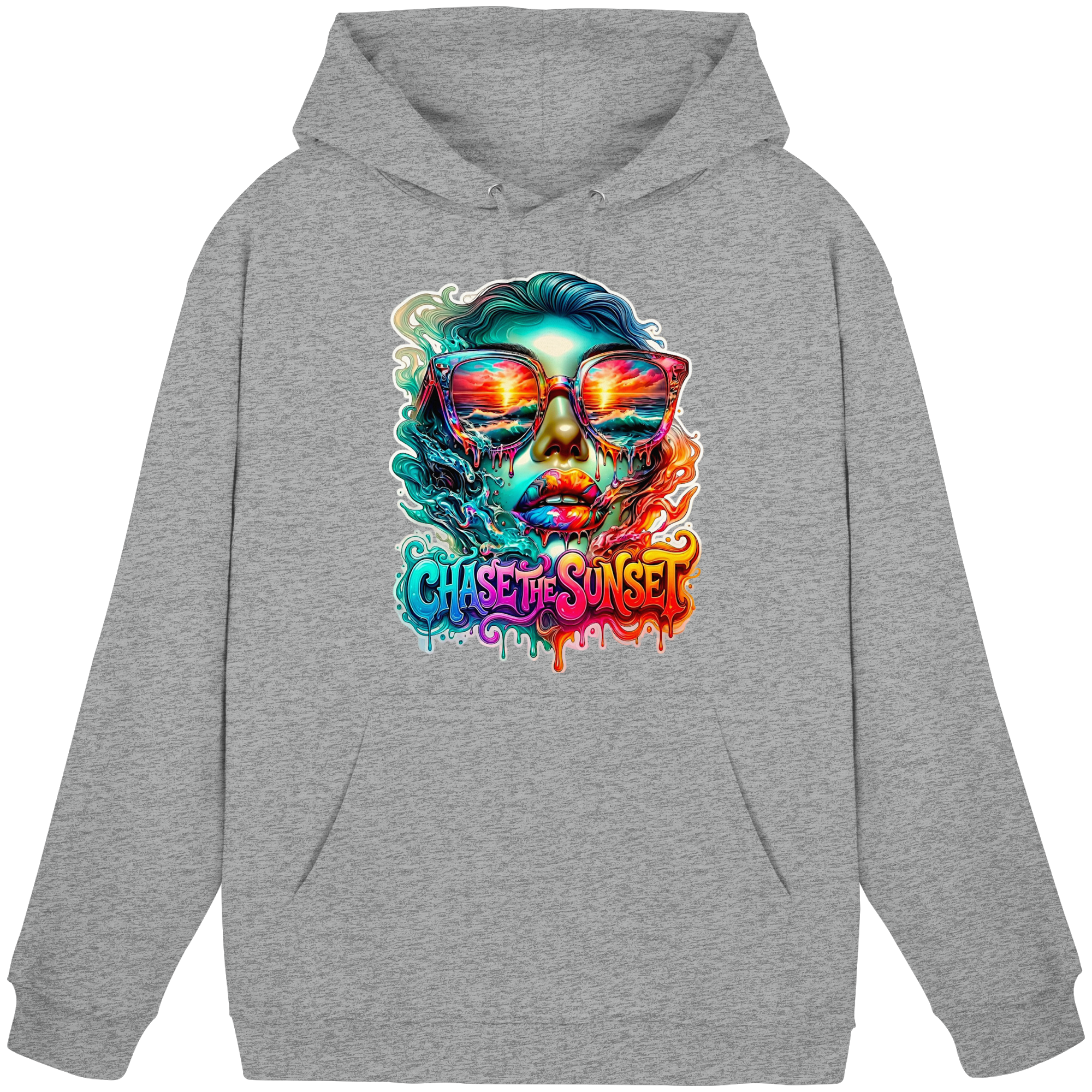 Frauen-Hoodie „Chase the Sunset“ | Lebhafter Melting Ocean Sunset Grafik-Hoodie | 10 Farben S-3XL – Basic Unisex Hoodie