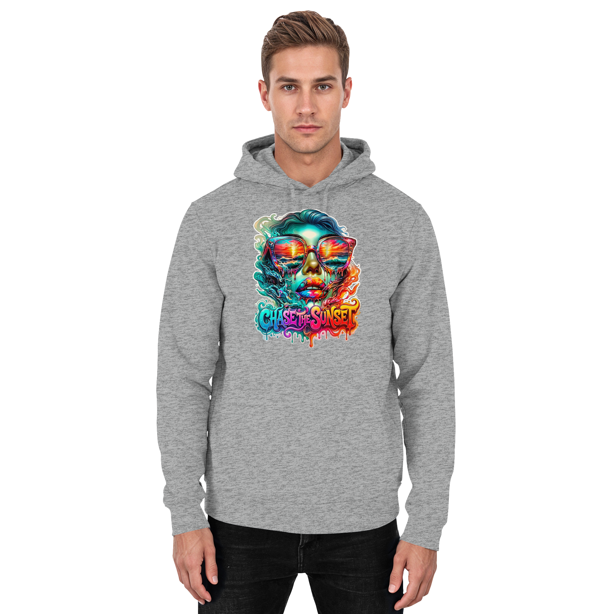 Sweat à capuche Femme "Chase the Sunset Psychedelic" | Sweat à capuche graphique Coucher de soleil fondant vibrant | 10 couleurs du S au 3XL - Sweat à capuche unisexe basique