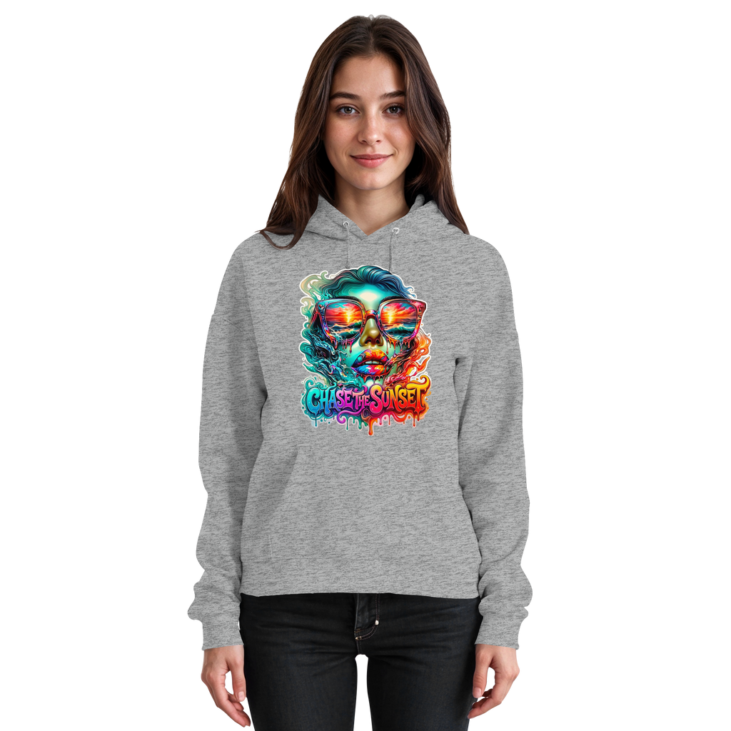 Frauen-Hoodie „Chase the Sunset“ | Lebhafter Melting Ocean Sunset Grafik-Hoodie | 10 Farben S-3XL – Basic Unisex Hoodie