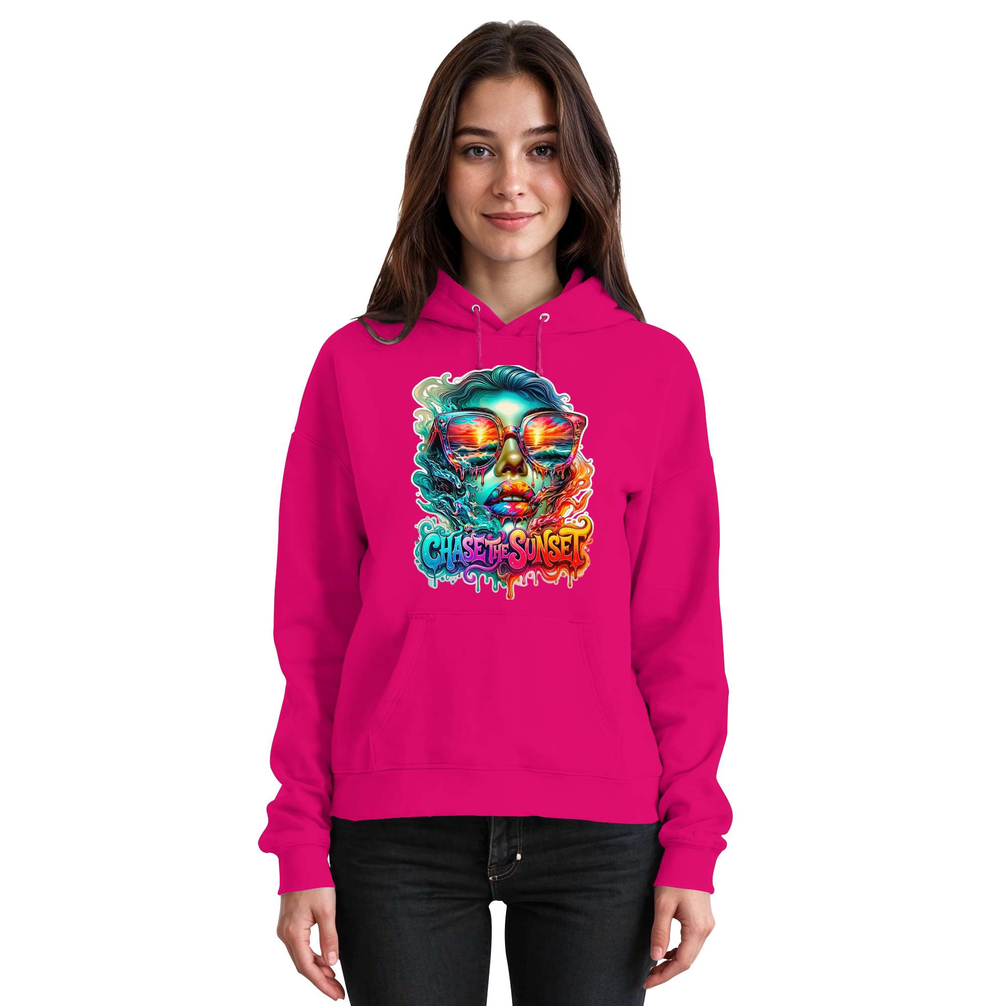 Frauen-Hoodie „Chase the Sunset“ | Lebhafter Melting Ocean Sunset Grafik-Hoodie | 10 Farben S-3XL – Basic Unisex Hoodie