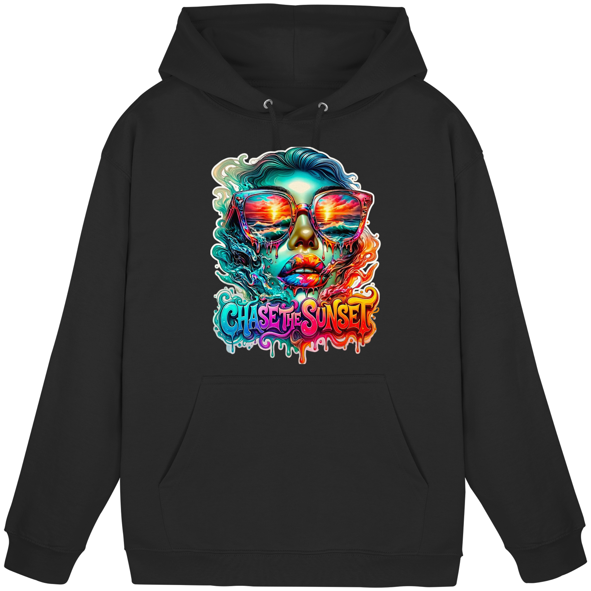 Sweat à capuche Femme "Chase the Sunset Psychedelic" | Sweat à capuche graphique Coucher de soleil fondant vibrant | 10 couleurs du S au 3XL - Sweat à capuche unisexe basique