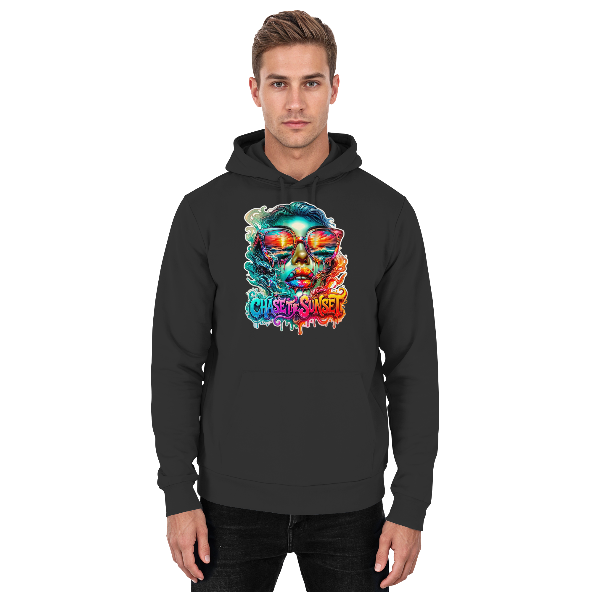 Frauen-Hoodie „Chase the Sunset“ | Lebhafter Melting Ocean Sunset Grafik-Hoodie | 10 Farben S-3XL – Basic Unisex Hoodie