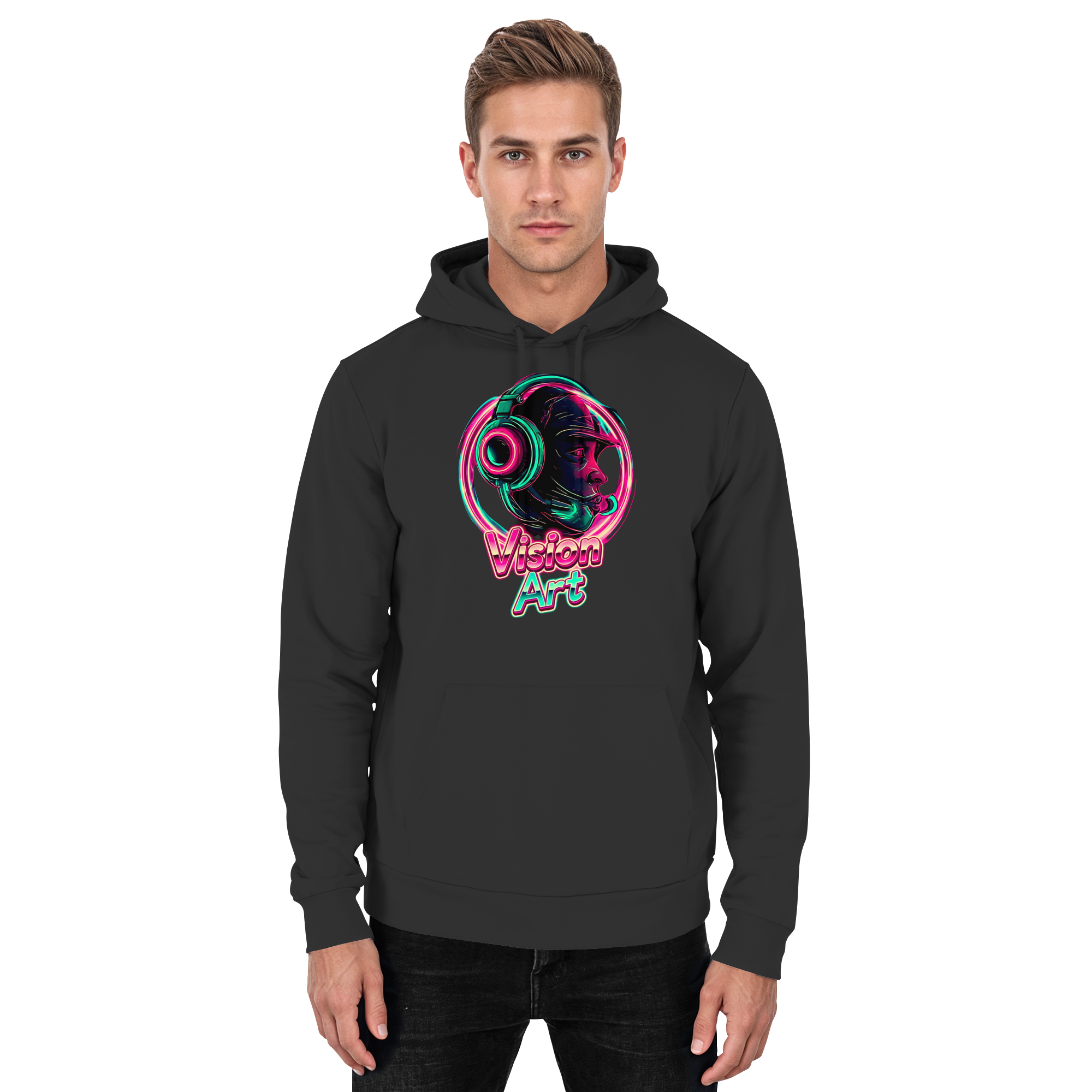 Vision Art Neon Cyberpunk Kopfhörer Hoodie – Leuchtend Pink & Cyan Streetwear | 10 Farben XS-5XL - Basic Unisex Hoodie