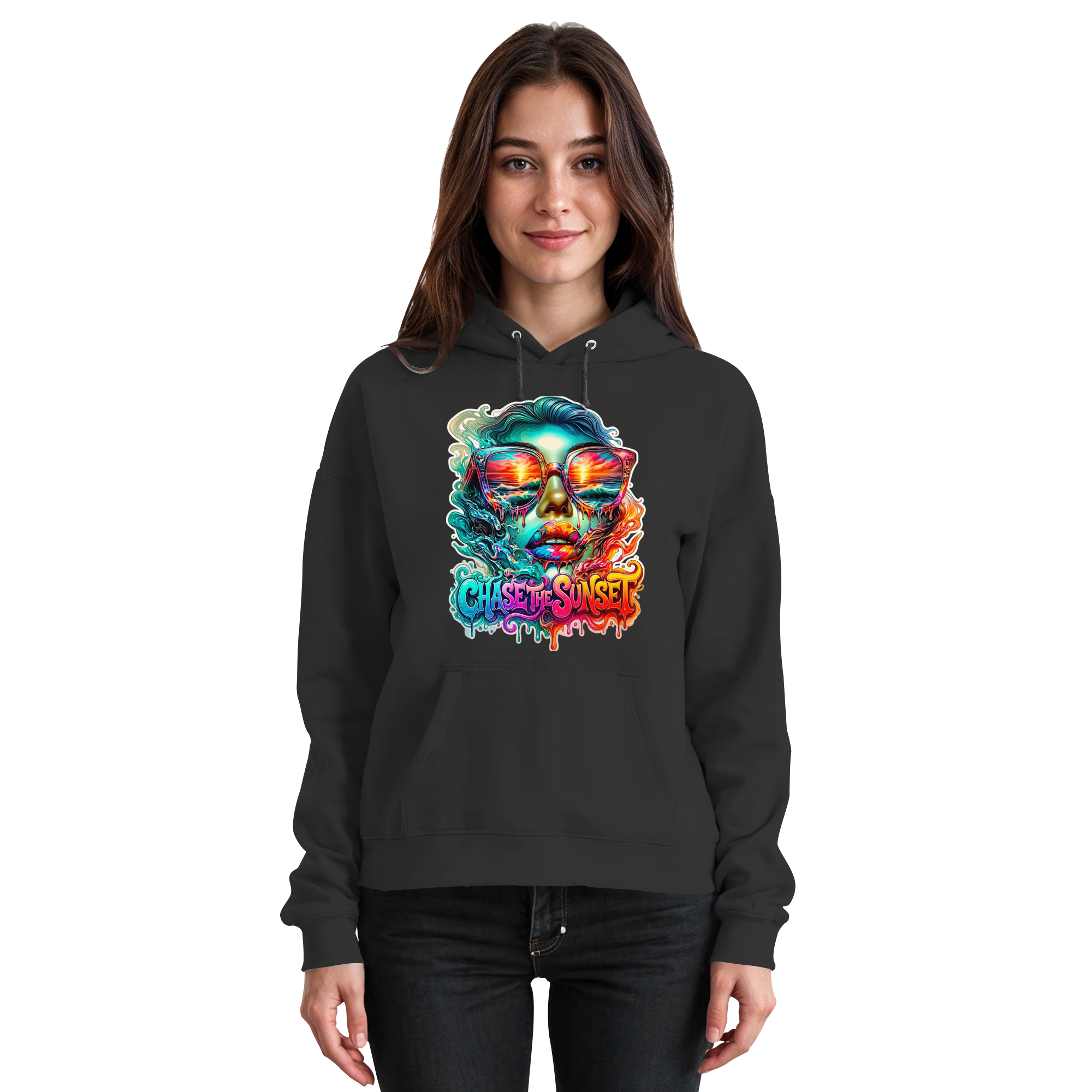 Frauen-Hoodie „Chase the Sunset“ | Lebhafter Melting Ocean Sunset Grafik-Hoodie | 10 Farben S-3XL – Basic Unisex Hoodie