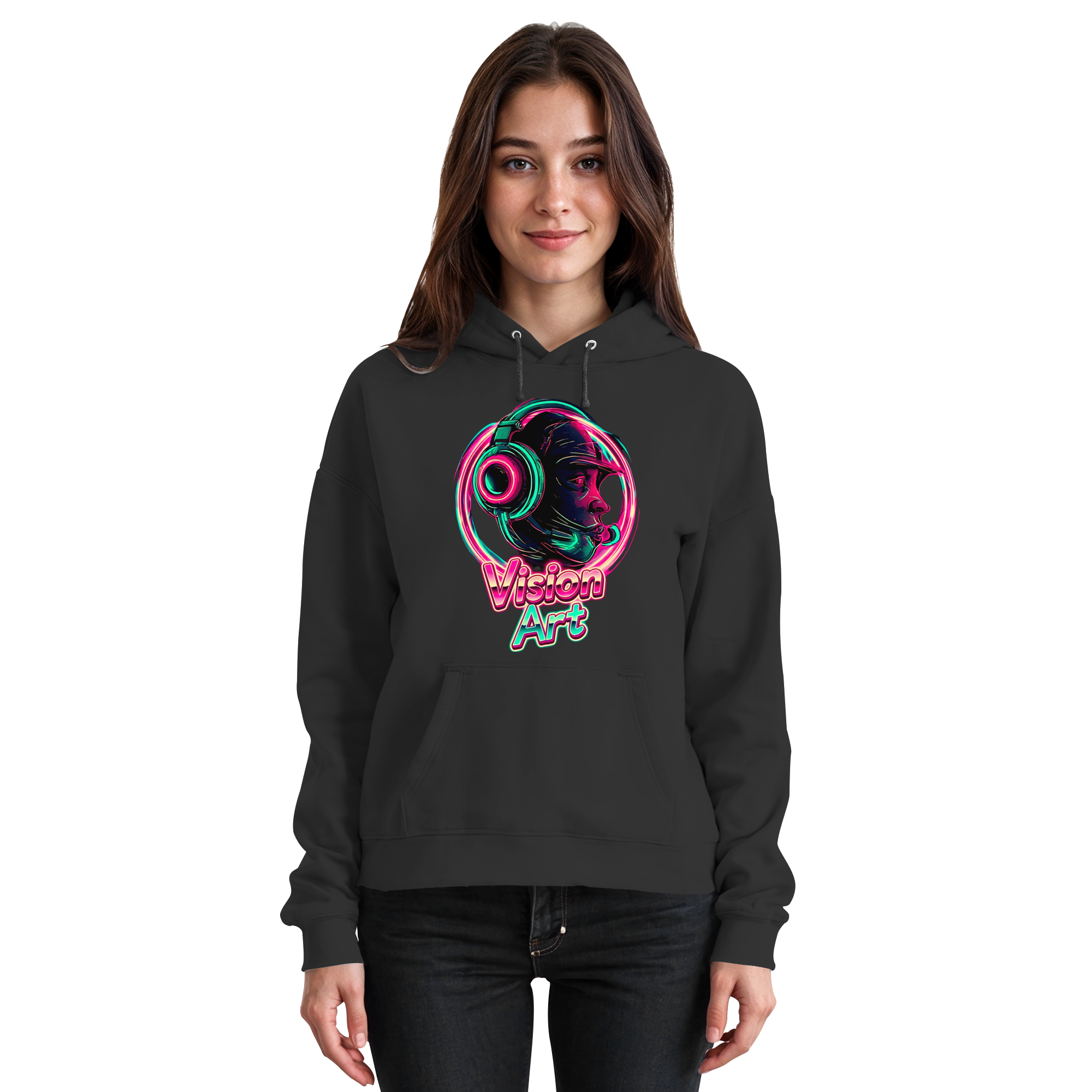 Vision Art Neon Cyberpunk Kopfhörer Hoodie – Leuchtend Pink & Cyan Streetwear | 10 Farben XS-5XL - Basic Unisex Hoodie