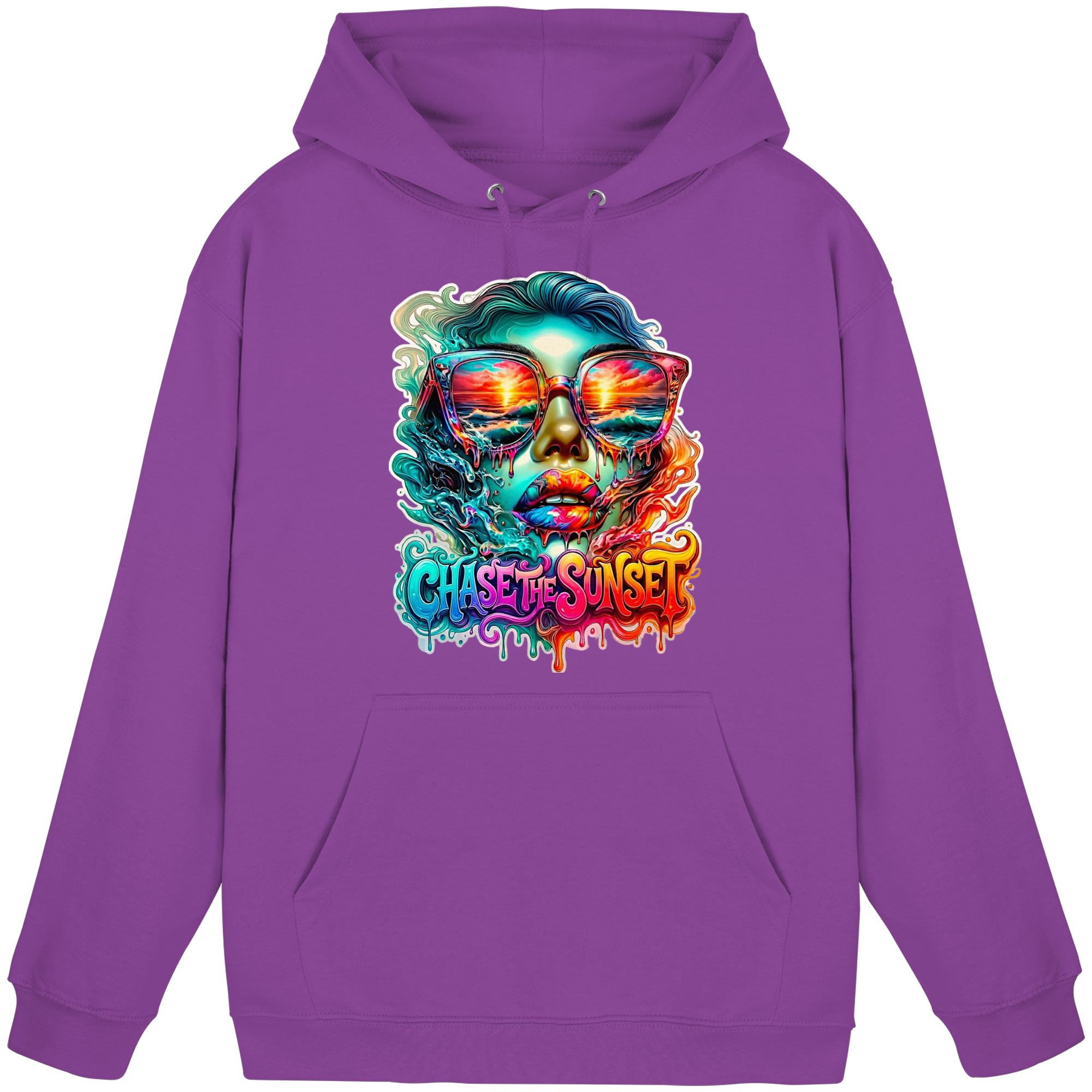 Sweat à capuche Femme "Chase the Sunset Psychedelic" | Sweat à capuche graphique Coucher de soleil fondant vibrant | 10 couleurs du S au 3XL - Sweat à capuche unisexe basique