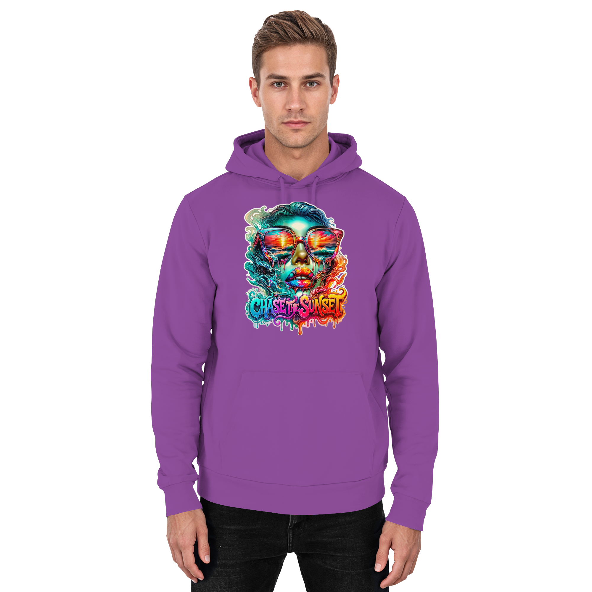 Frauen-Hoodie „Chase the Sunset“ | Lebhafter Melting Ocean Sunset Grafik-Hoodie | 10 Farben S-3XL – Basic Unisex Hoodie