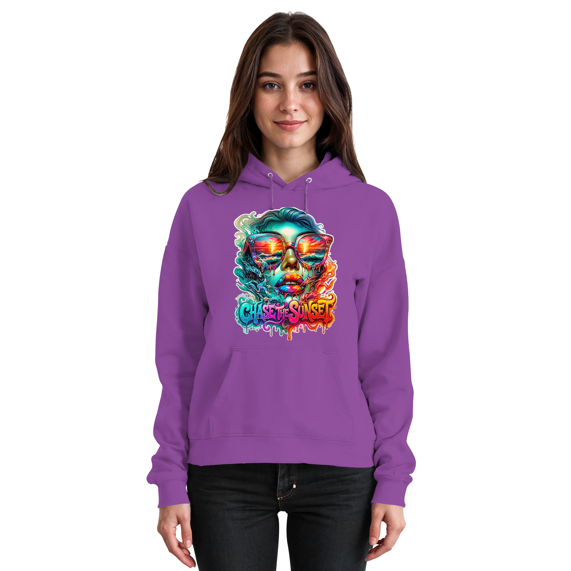 Frauen-Hoodie „Chase the Sunset“ | Lebhafter Melting Ocean Sunset Grafik-Hoodie | 10 Farben S-3XL – Basic Unisex Hoodie