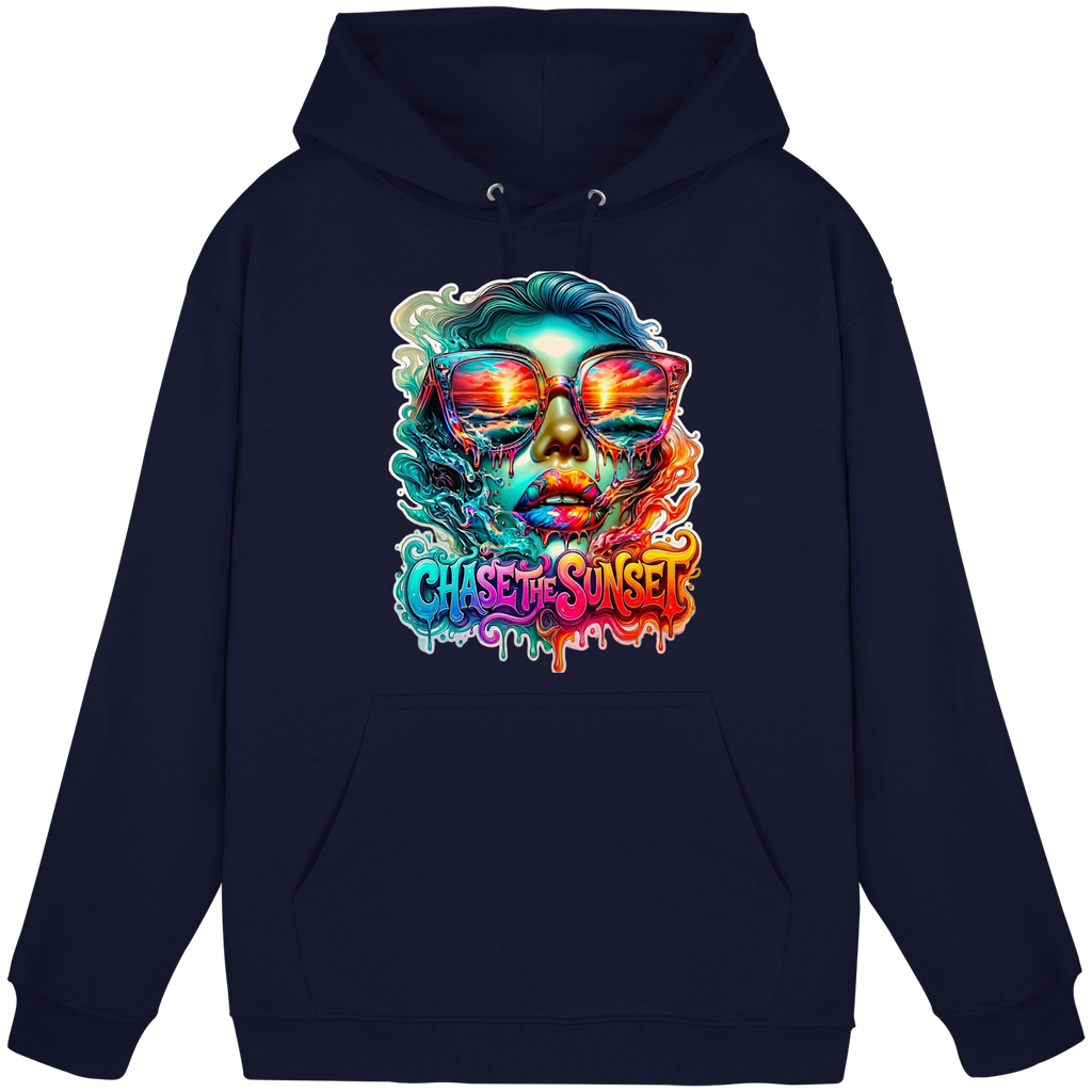 Frauen-Hoodie „Chase the Sunset“ | Lebhafter Melting Ocean Sunset Grafik-Hoodie | 10 Farben S-3XL – Basic Unisex Hoodie