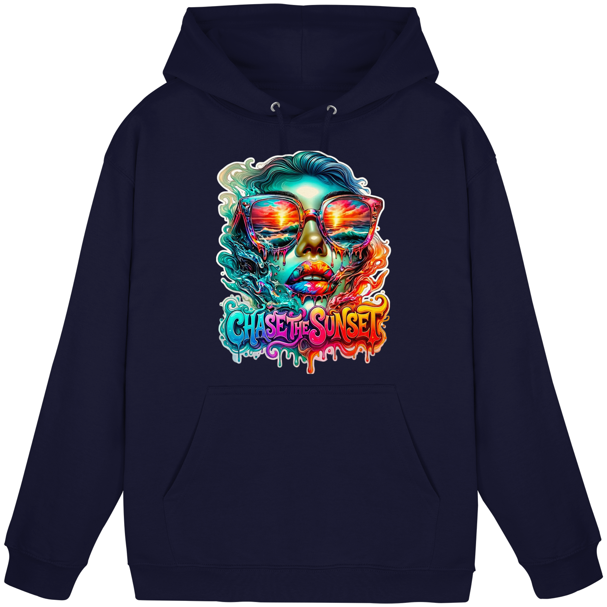 Sweat à capuche Femme "Chase the Sunset Psychedelic" | Sweat à capuche graphique Coucher de soleil fondant vibrant | 10 couleurs du S au 3XL - Sweat à capuche unisexe basique