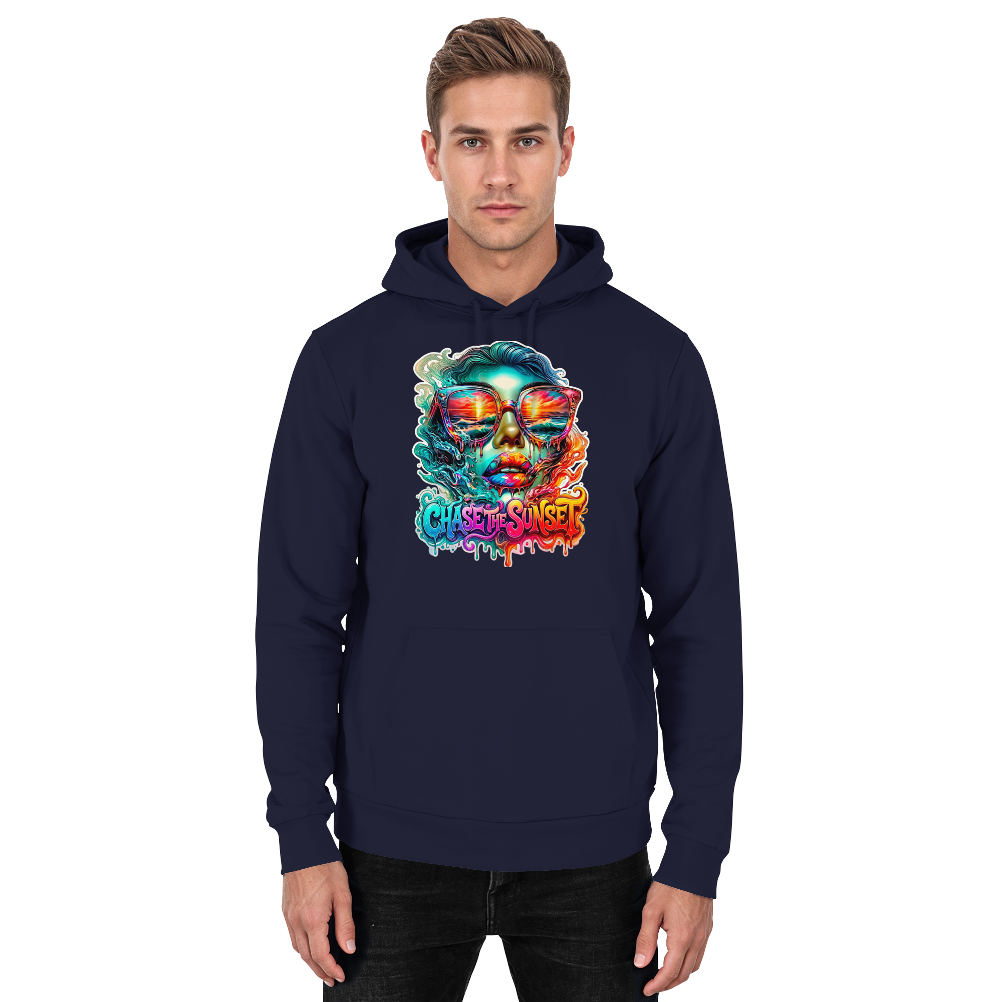 Frauen-Hoodie „Chase the Sunset“ | Lebhafter Melting Ocean Sunset Grafik-Hoodie | 10 Farben S-3XL – Basic Unisex Hoodie