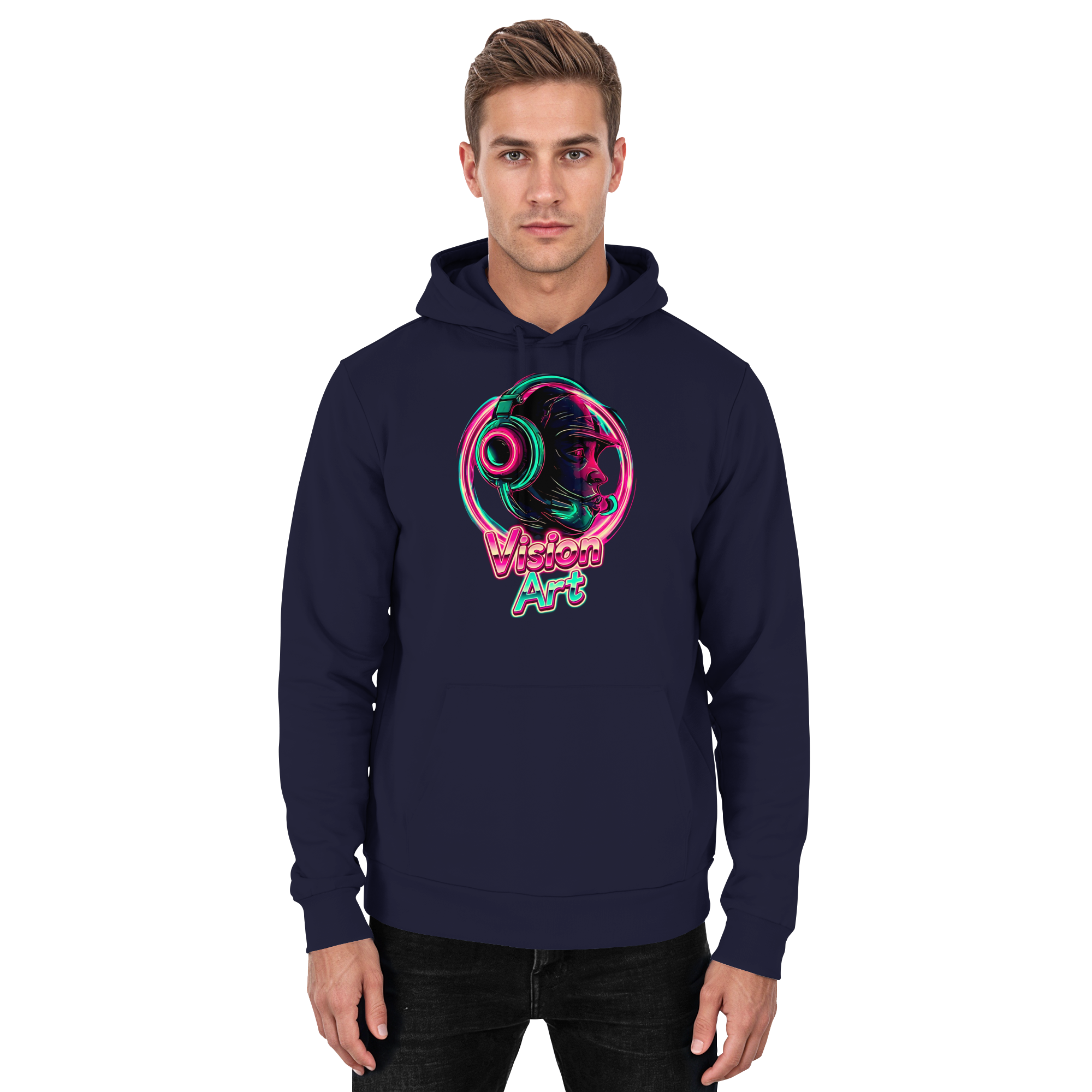 Vision Art Neon Cyberpunk Kopfhörer Hoodie – Leuchtend Pink & Cyan Streetwear | 10 Farben XS-5XL - Basic Unisex Hoodie