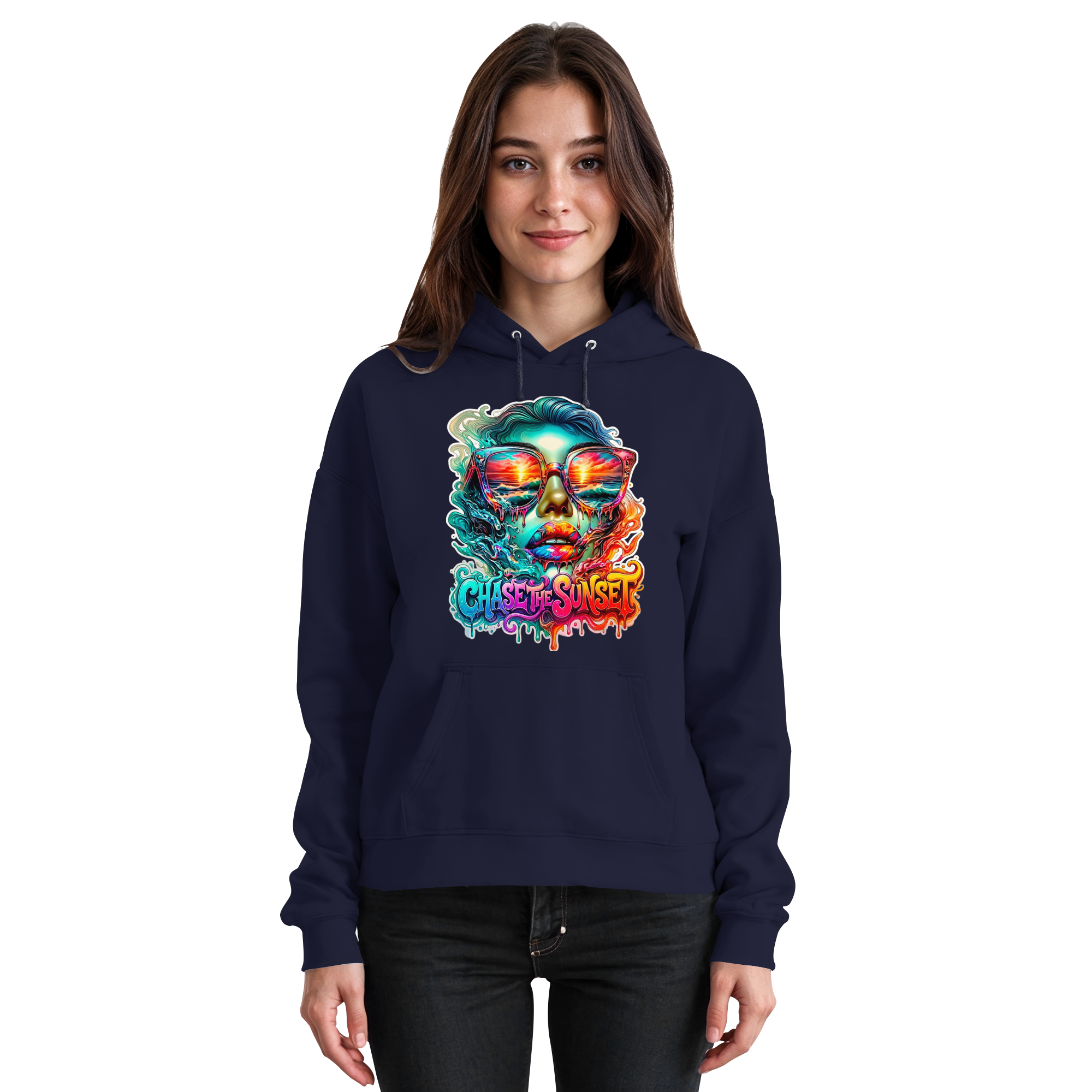 Frauen-Hoodie „Chase the Sunset“ | Lebhafter Melting Ocean Sunset Grafik-Hoodie | 10 Farben S-3XL – Basic Unisex Hoodie