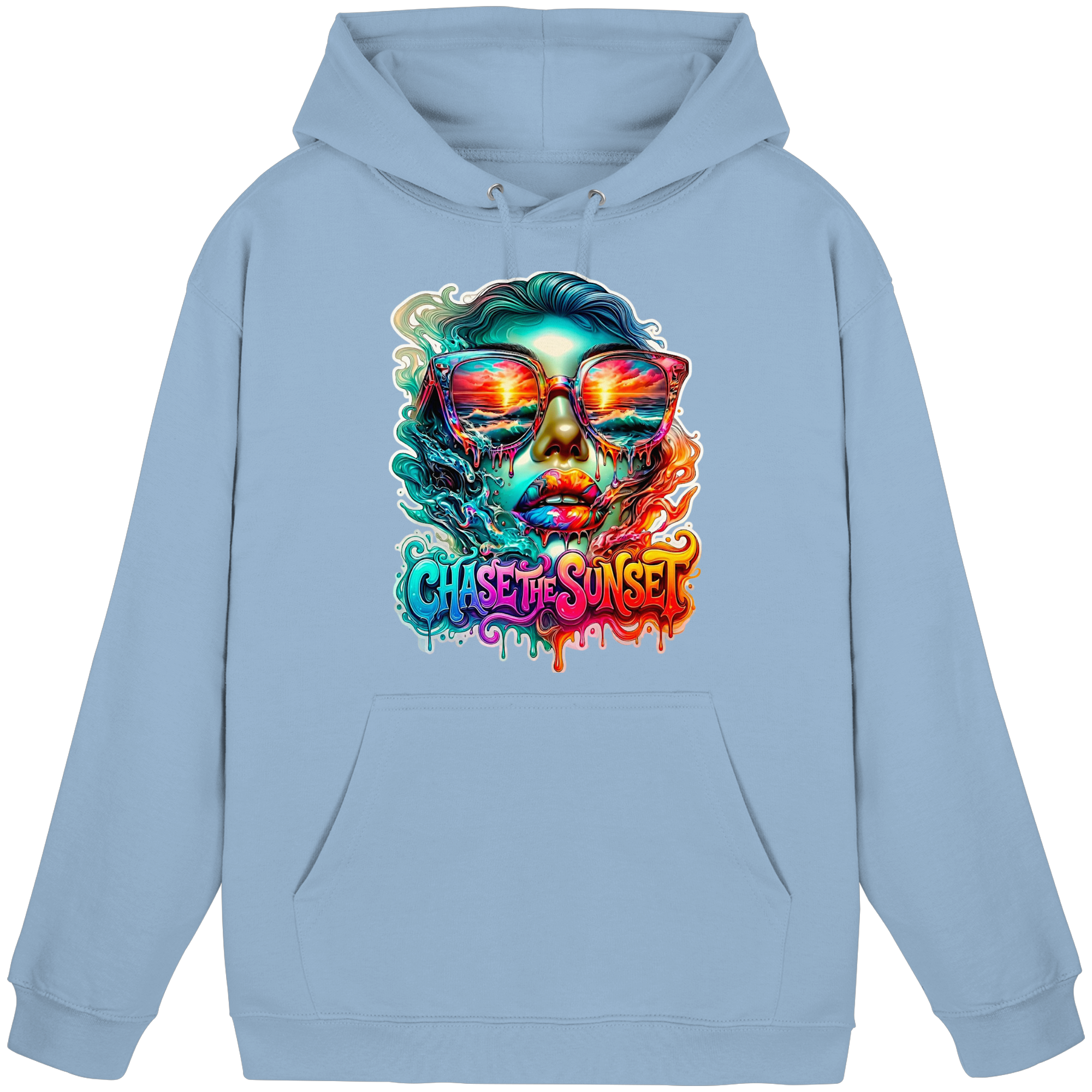 Sweat à capuche Femme "Chase the Sunset Psychedelic" | Sweat à capuche graphique Coucher de soleil fondant vibrant | 10 couleurs du S au 3XL - Sweat à capuche unisexe basique