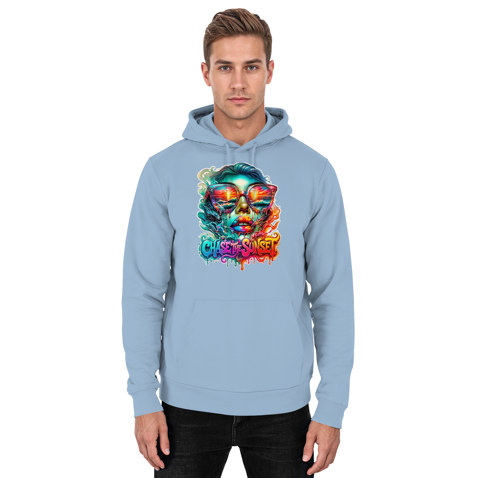 Frauen-Hoodie „Chase the Sunset“ | Lebhafter Melting Ocean Sunset Grafik-Hoodie | 10 Farben S-3XL – Basic Unisex Hoodie