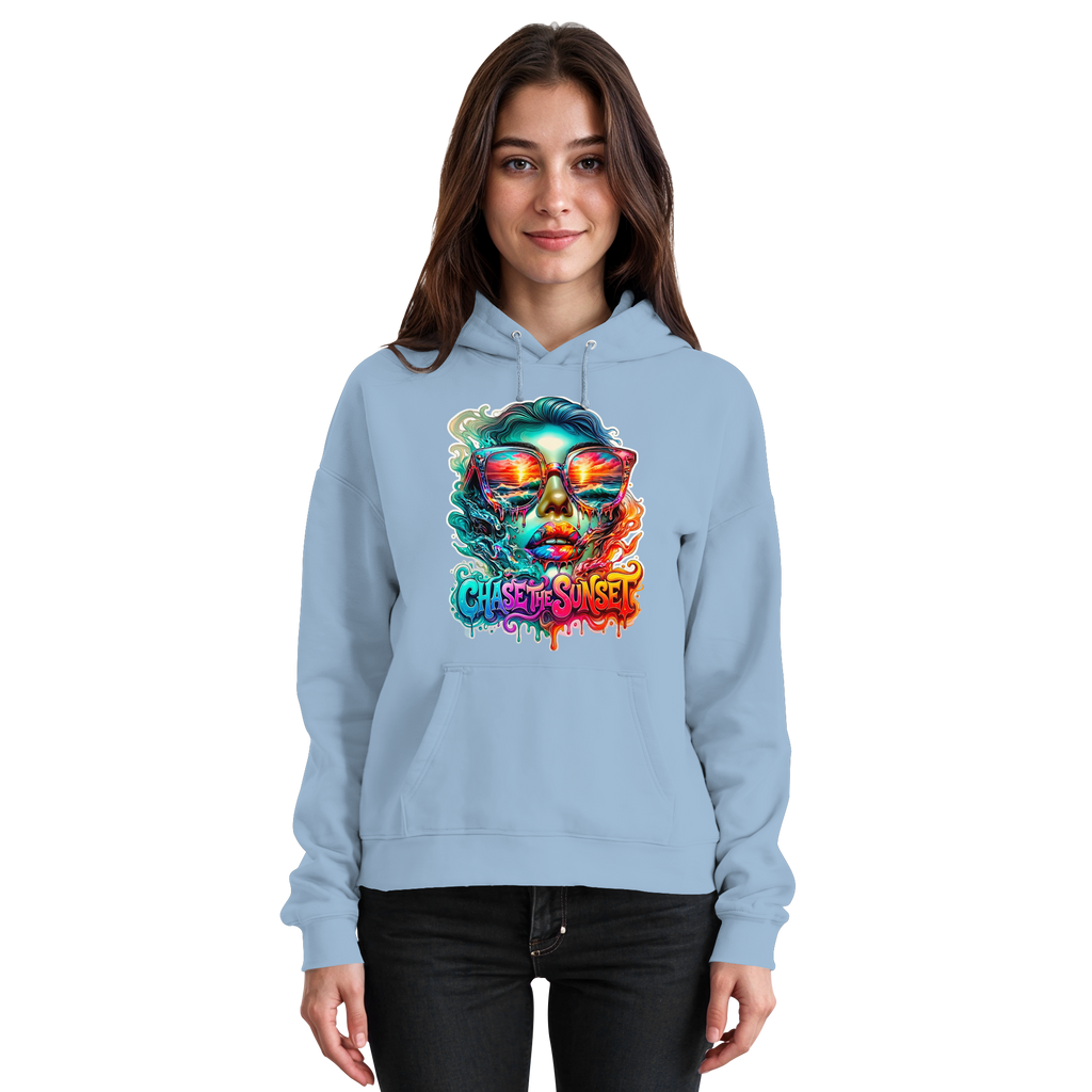 Frauen-Hoodie „Chase the Sunset“ | Lebhafter Melting Ocean Sunset Grafik-Hoodie | 10 Farben S-3XL – Basic Unisex Hoodie