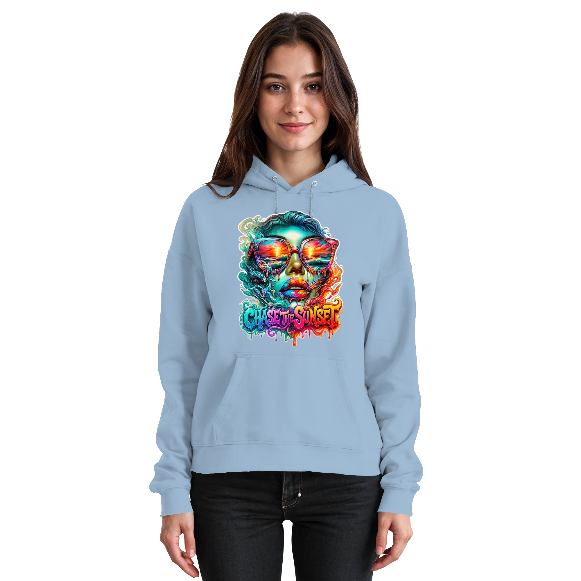 Frauen-Hoodie „Chase the Sunset“ | Lebhafter Melting Ocean Sunset Grafik-Hoodie | 10 Farben S-3XL – Basic Unisex Hoodie