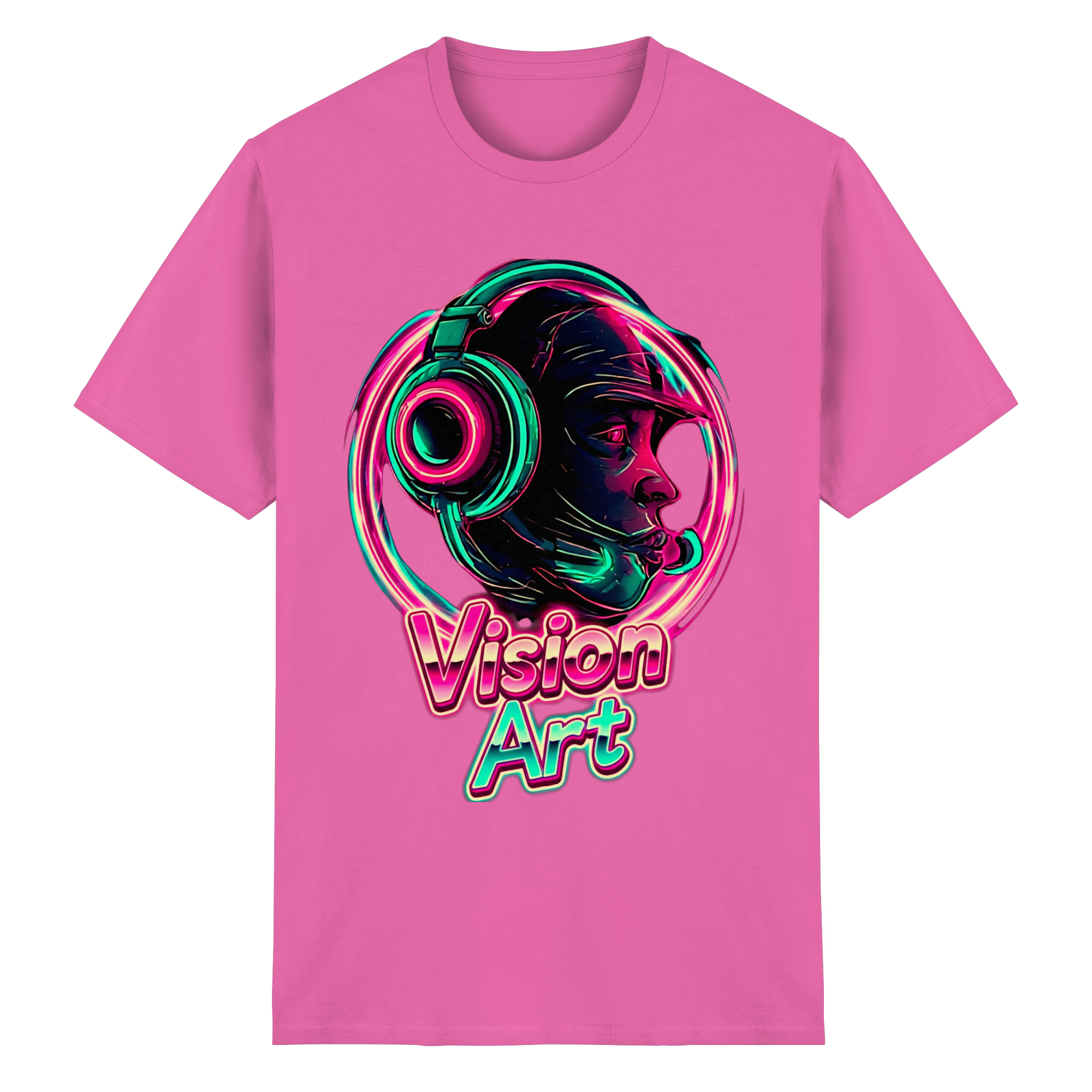 Vision Art Neon Cyberpunk Headphones T-Shirt – Glow Pink & Cyan Streetwear | 10 Colors XS-5XL - Heavy Cotton T-Shirt