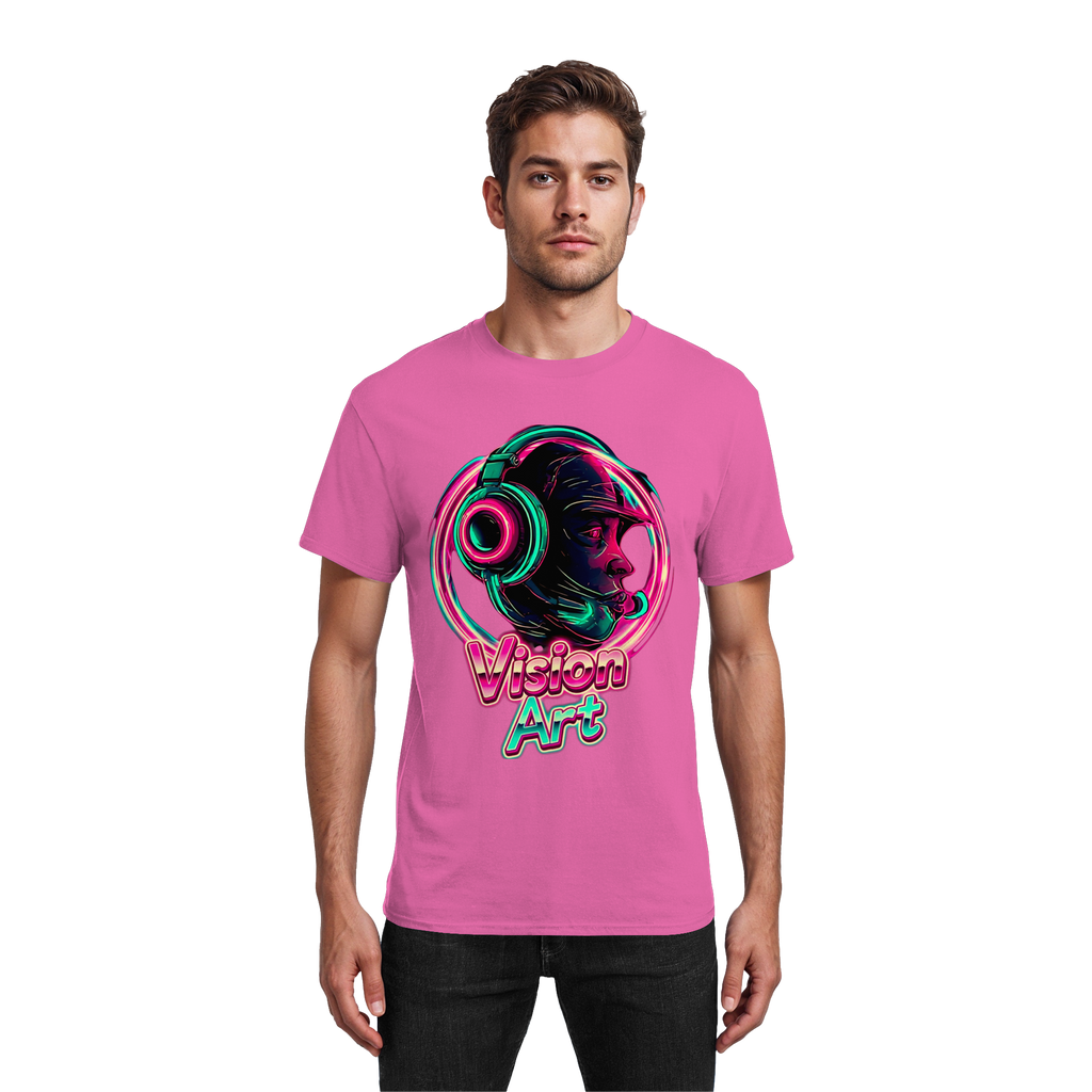 Vision Art Neon Cyberpunk Kopfhörer T-Shirt – Leuchtendes Pink & Cyan Streetwear | 10 Farben XS-5XL - Schweres Baumwoll-T-Shirt