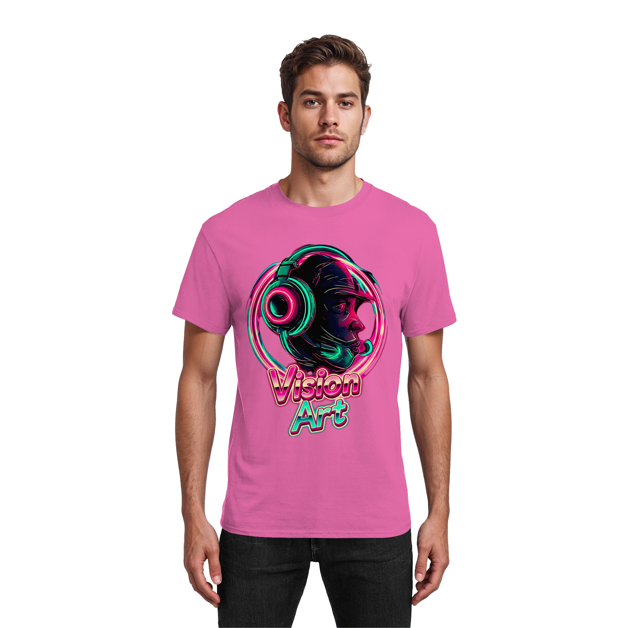 Vision Art Neon Cyberpunk Headphones T-Shirt – Glow Pink & Cyan Streetwear | 10 Colors XS-5XL - Heavy Cotton T-Shirt