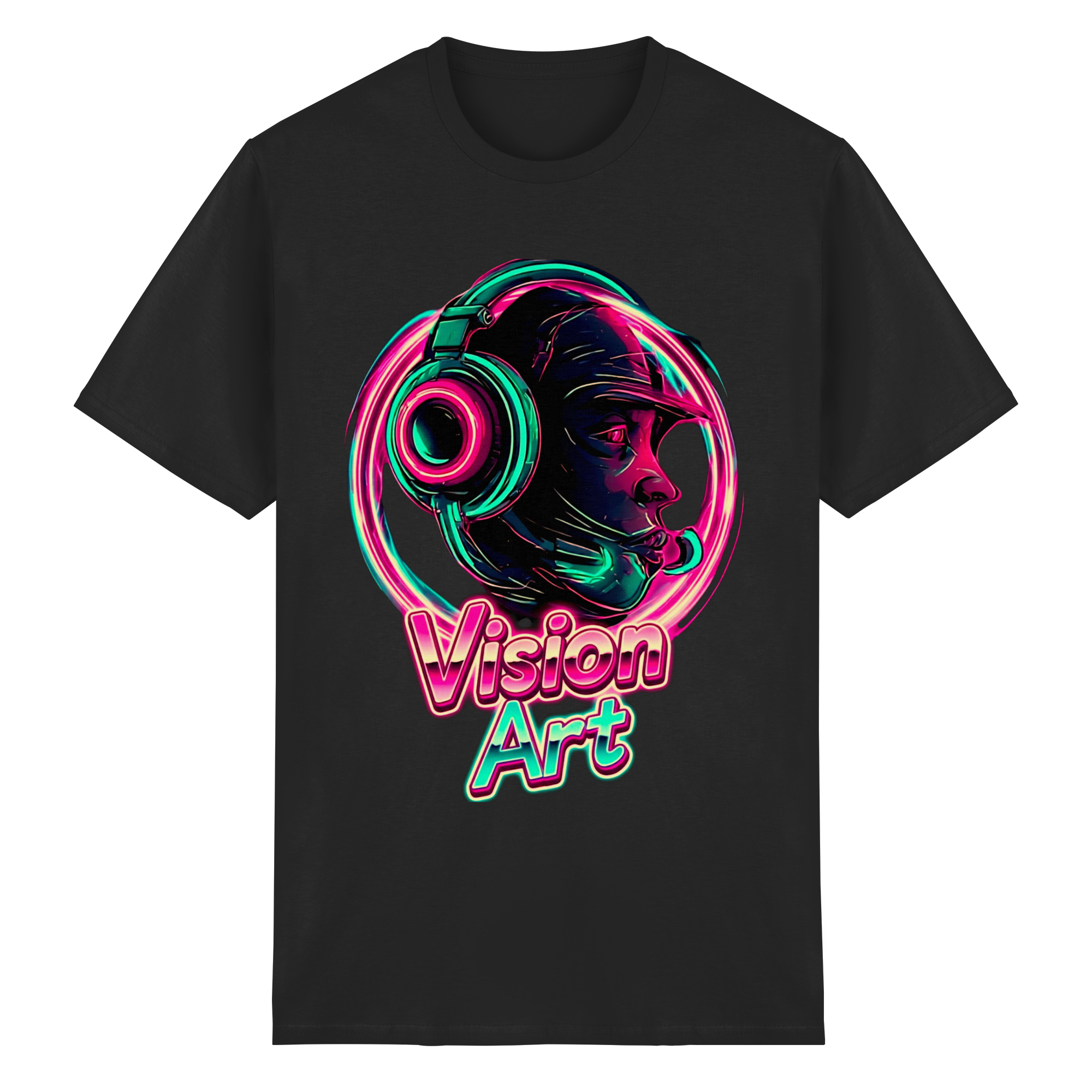 Vision Art Neon Cyberpunk Headphones T-Shirt – Glow Pink & Cyan Streetwear | 10 Colors XS-5XL - Heavy Cotton T-Shirt