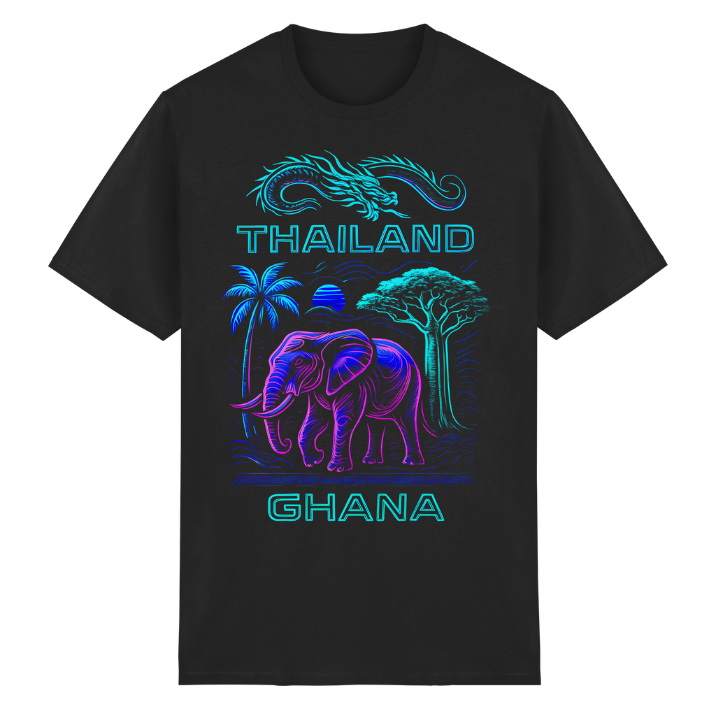 Synthwave Fusion Elefant Drache T-Shirt – Thailand Ghana Retro Grafik Neon 6 Farben S-5XL
