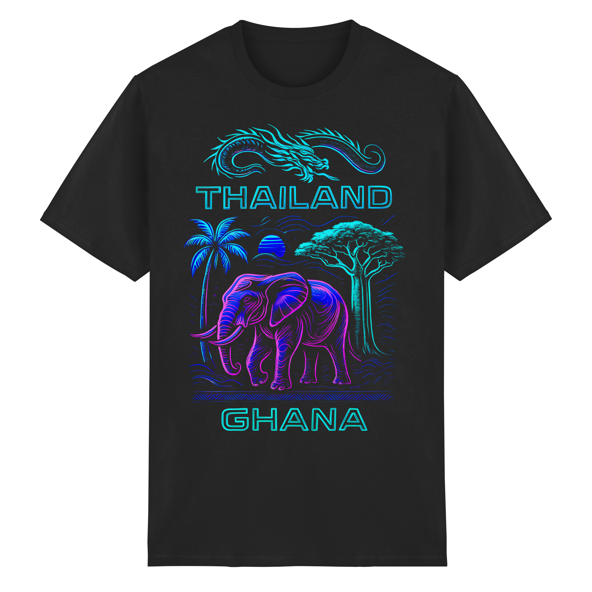 Synthwave Fusion Elefant Drache T-Shirt – Thailand Ghana Retro Grafik Neon 6 Farben S-5XL