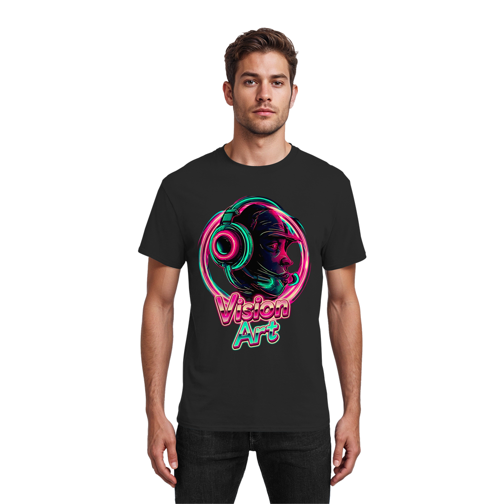 Vision Art Neon Cyberpunk Kopfhörer T-Shirt – Leuchtendes Pink & Cyan Streetwear | 10 Farben XS-5XL - Schweres Baumwoll-T-Shirt