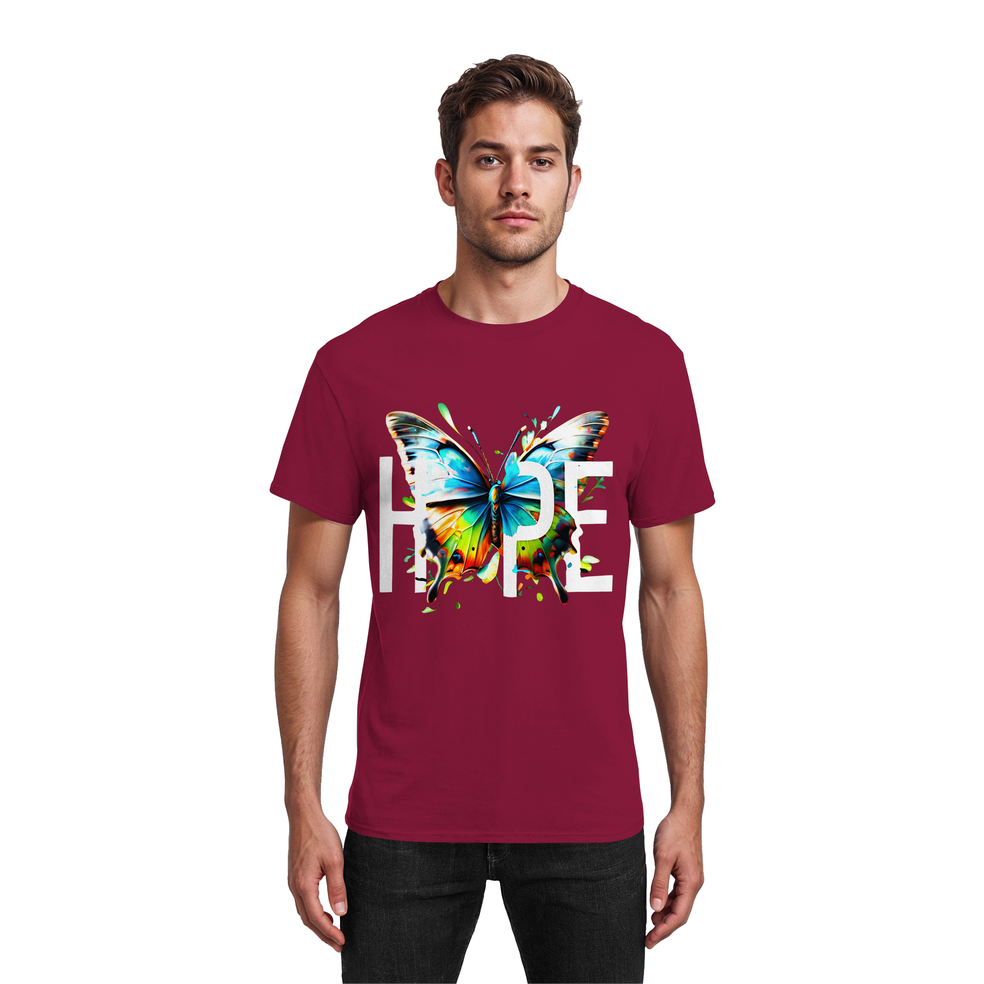 HOPE Schmetterling T-Shirt Lebendiges, farbenfrohes Motivations-Grafik-T-Shirt 10 Farben S-5XL – Schweres Baumwoll-T-Shirt
