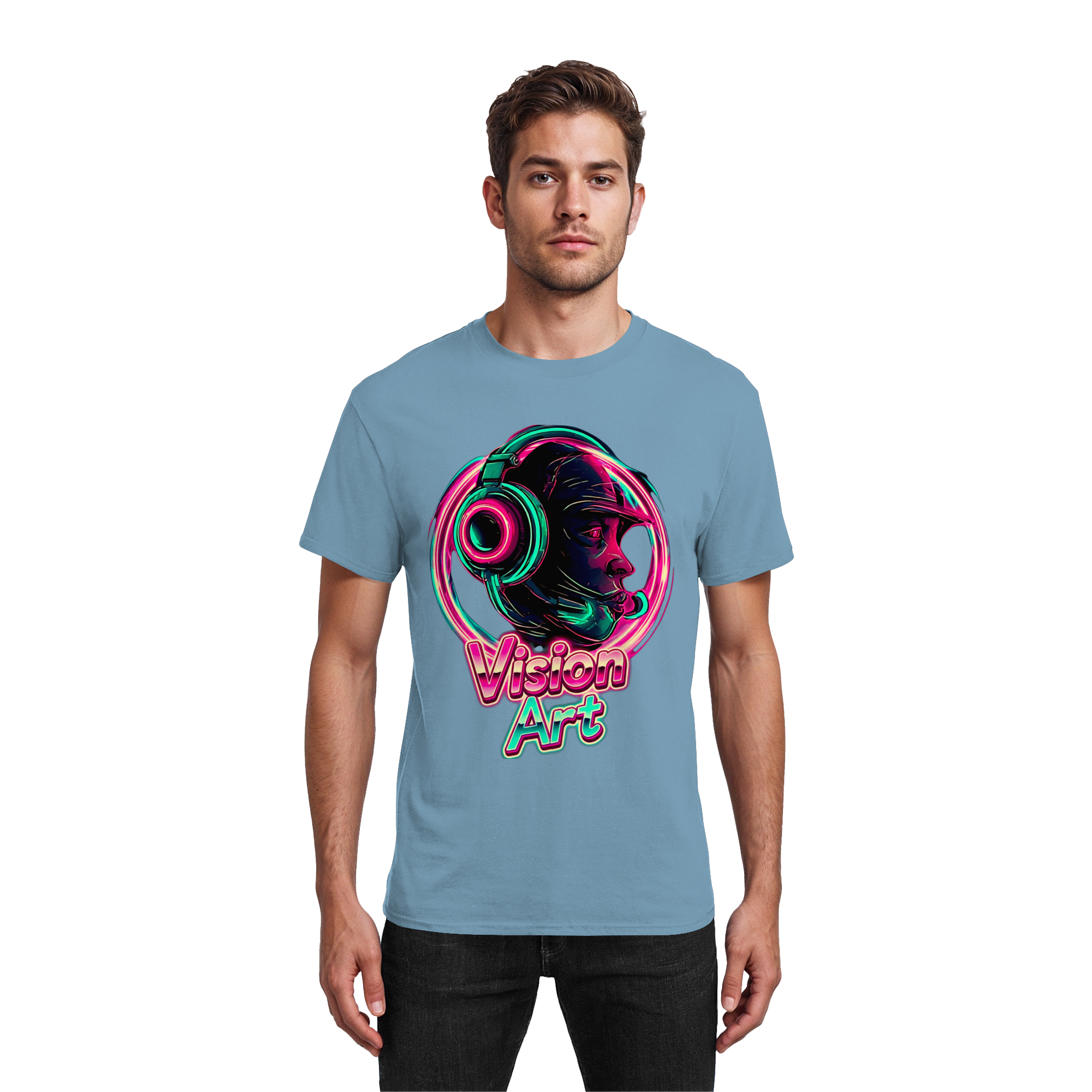 Vision Art Neon Cyberpunk Kopfhörer T-Shirt – Leuchtendes Pink & Cyan Streetwear | 10 Farben XS-5XL - Schweres Baumwoll-T-Shirt