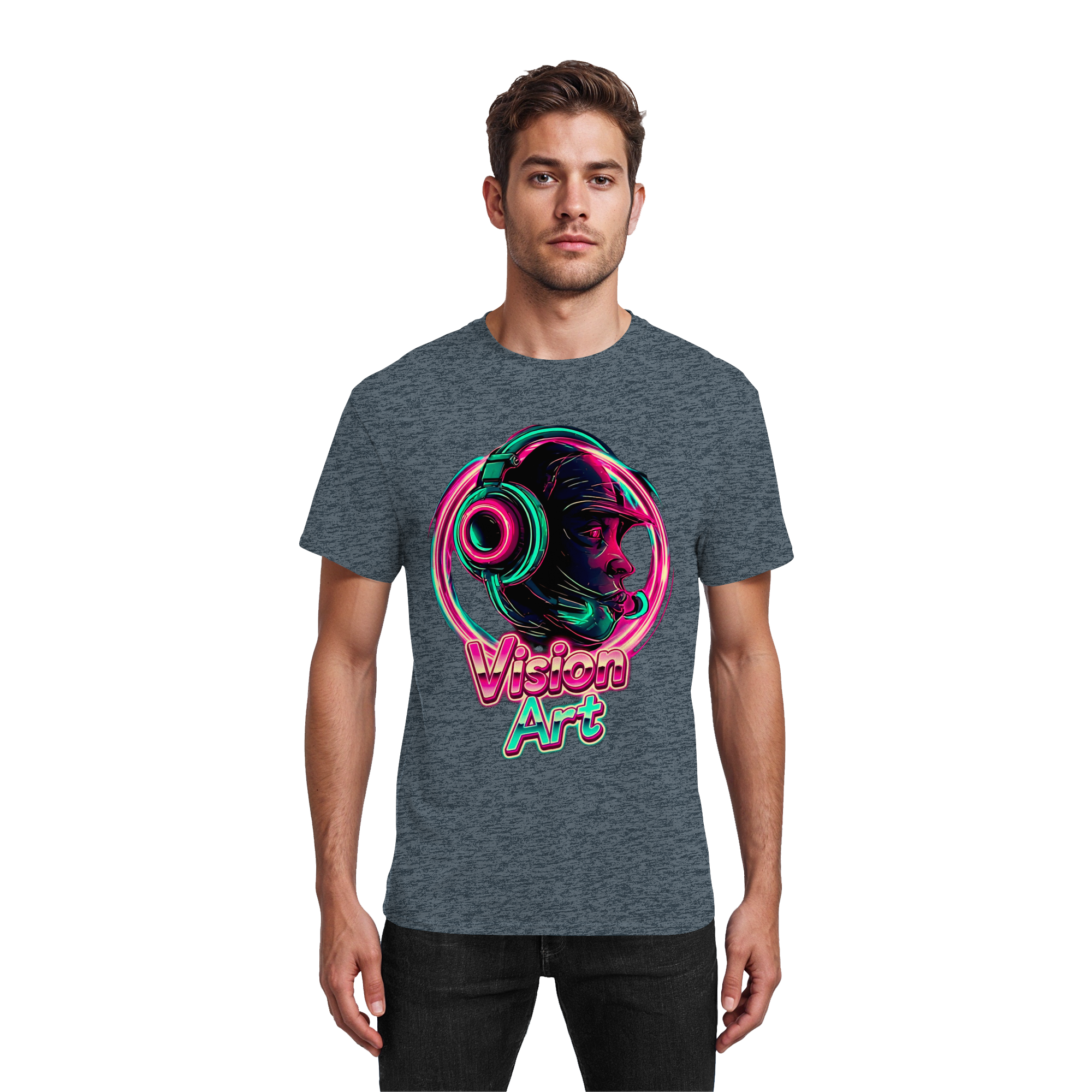 Vision Art Neon Cyberpunk Kopfhörer T-Shirt – Leuchtendes Pink & Cyan Streetwear | 10 Farben XS-5XL - Schweres Baumwoll-T-Shirt