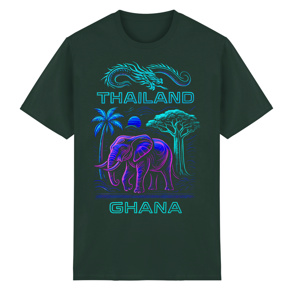 Synthwave Fusion Elefant Drache T-Shirt – Thailand Ghana Retro Grafik Neon 6 Farben S-5XL