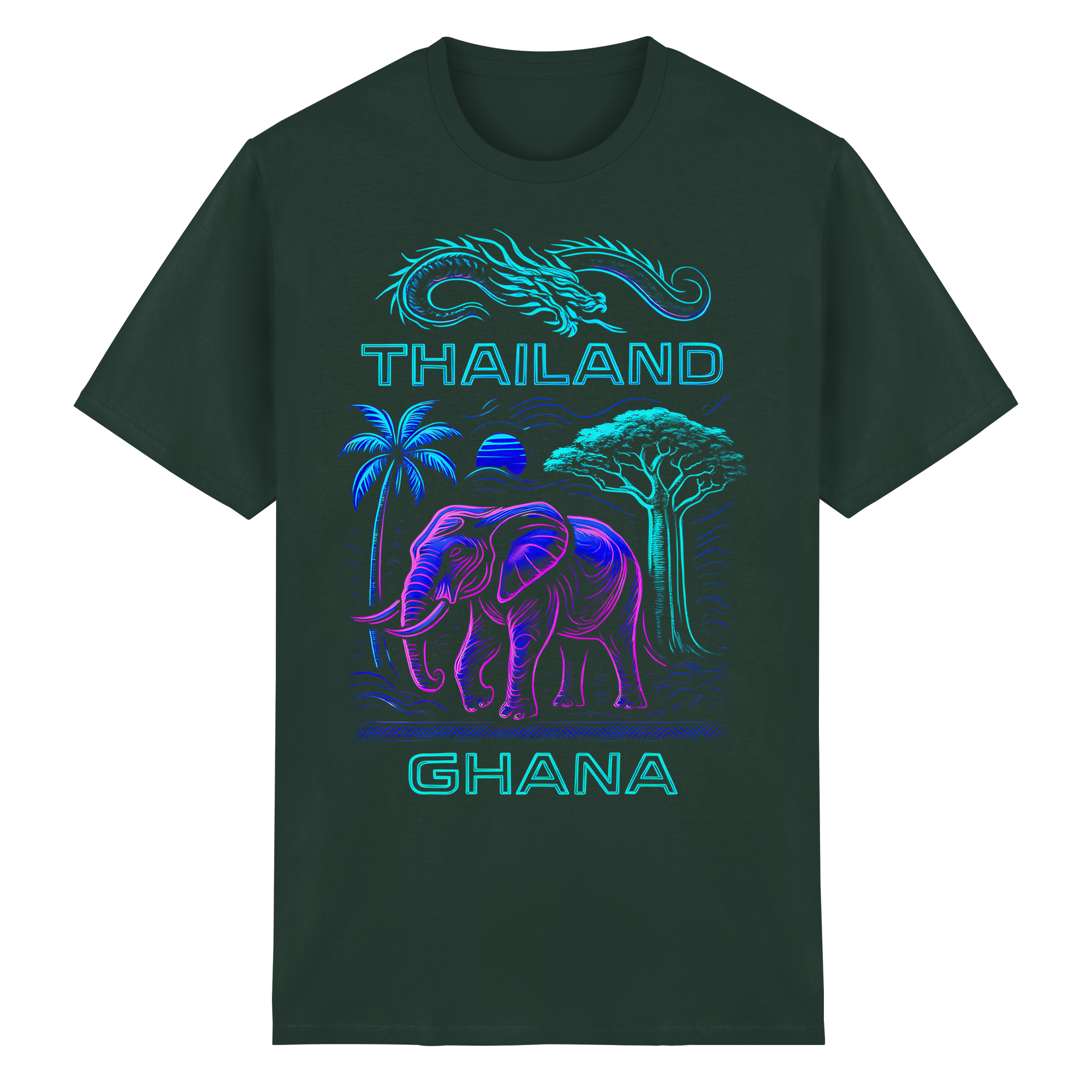 Synthwave Fusion Elefant Drache T-Shirt – Thailand Ghana Retro Grafik Neon 6 Farben S-5XL
