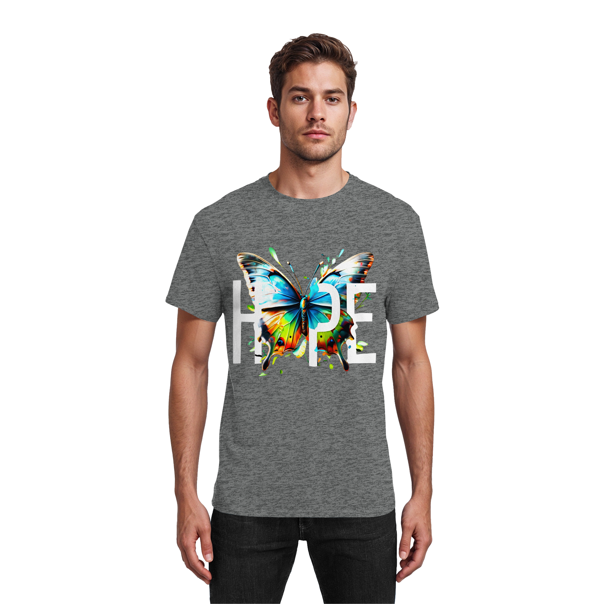 HOPE Schmetterling T-Shirt Lebendiges, farbenfrohes Motivations-Grafik-T-Shirt 10 Farben S-5XL – Schweres Baumwoll-T-Shirt
