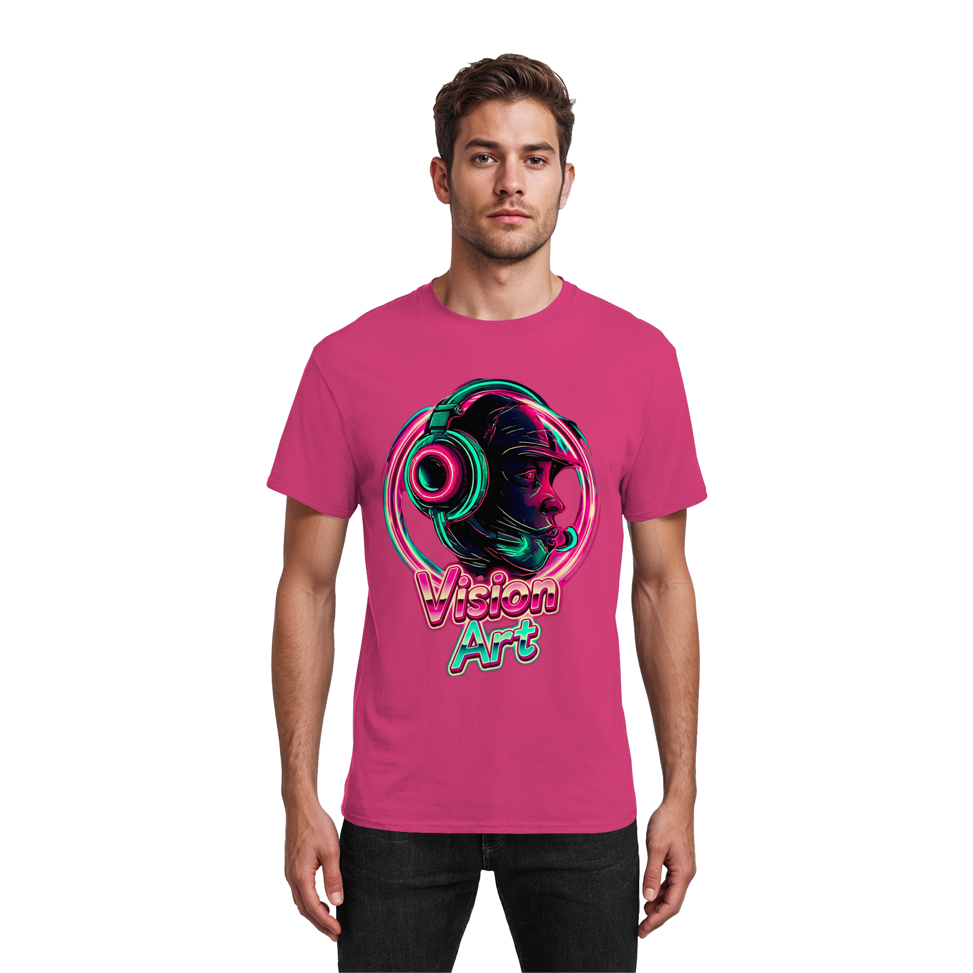 Vision Art Neon Cyberpunk Headphones T-Shirt – Glow Pink & Cyan Streetwear | 10 Colors XS-5XL - Heavy Cotton T-Shirt