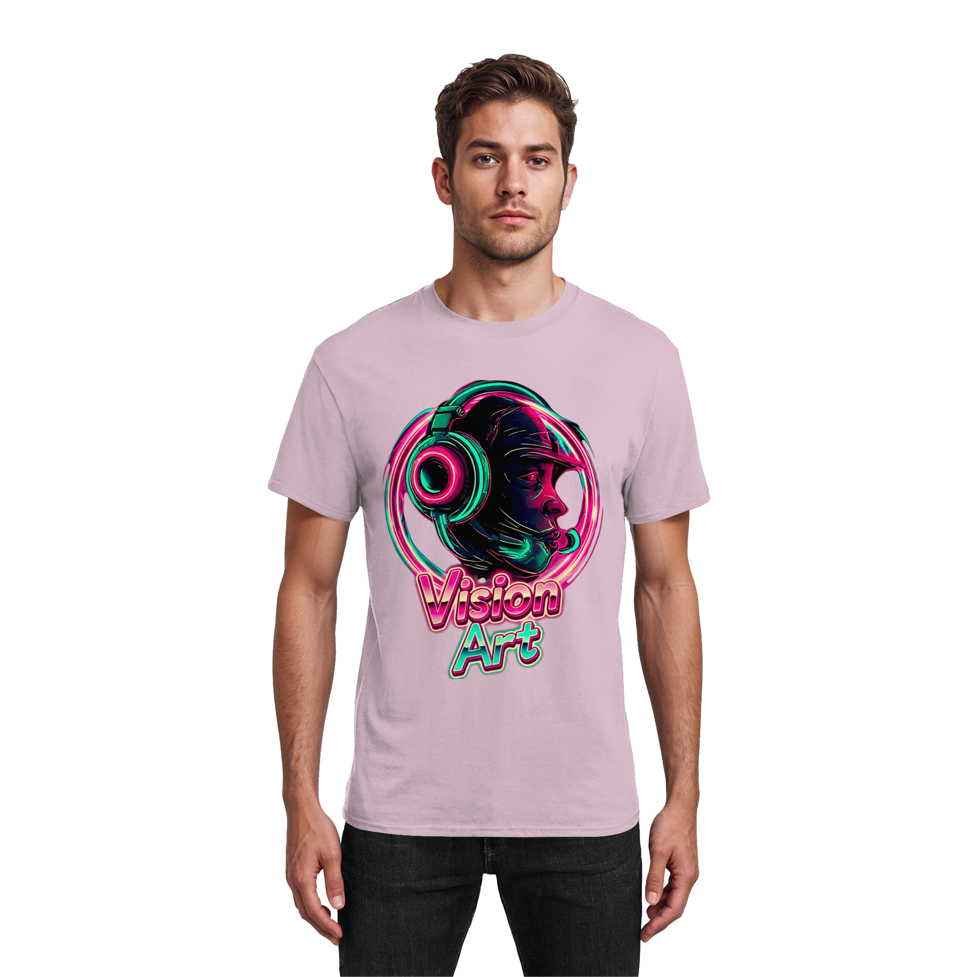 Vision Art Neon Cyberpunk Kopfhörer T-Shirt – Leuchtendes Pink & Cyan Streetwear | 10 Farben XS-5XL - Schweres Baumwoll-T-Shirt
