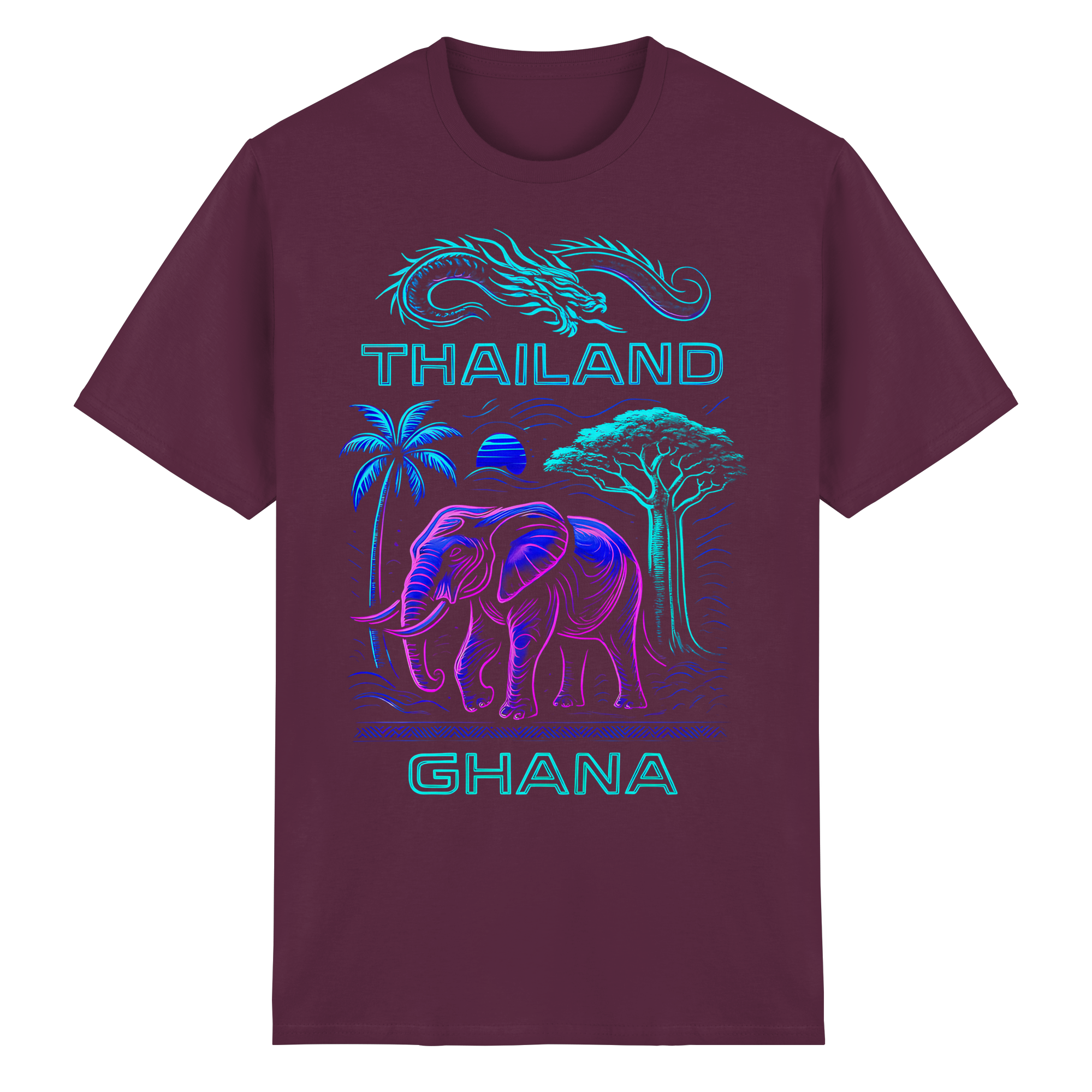 Synthwave Fusion Elefant Drache T-Shirt – Thailand Ghana Retro Grafik Neon 6 Farben S-5XL